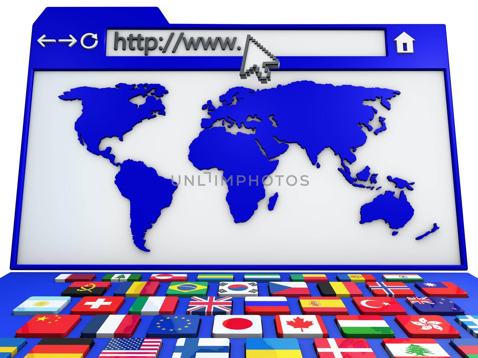 Internet browser with the mouse pointer and keyboard with the flags of the world with the mouse pointer and keyboard with the flags of the world