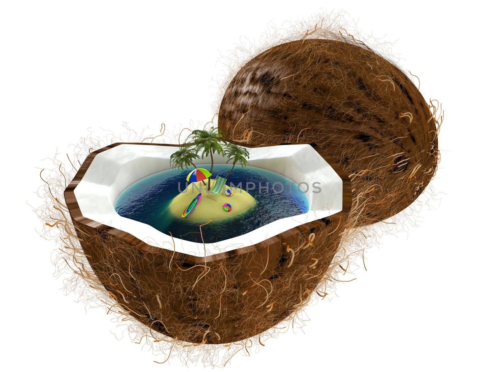 tropical island in one of coconuts on a white background