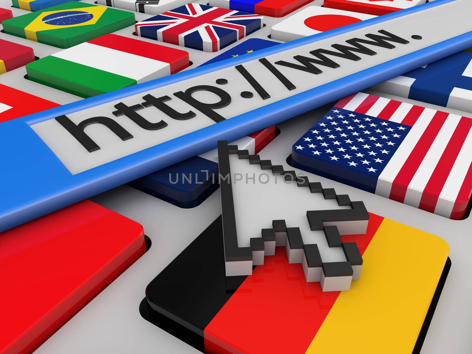 The keys are in the form of flags of different countries, arrow cursor and the search bar of Internet browser.