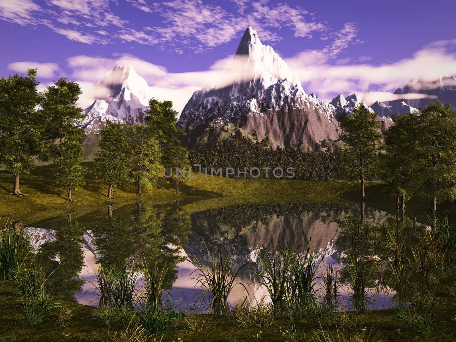 beautiful mountain lake on the background of snowy mountains