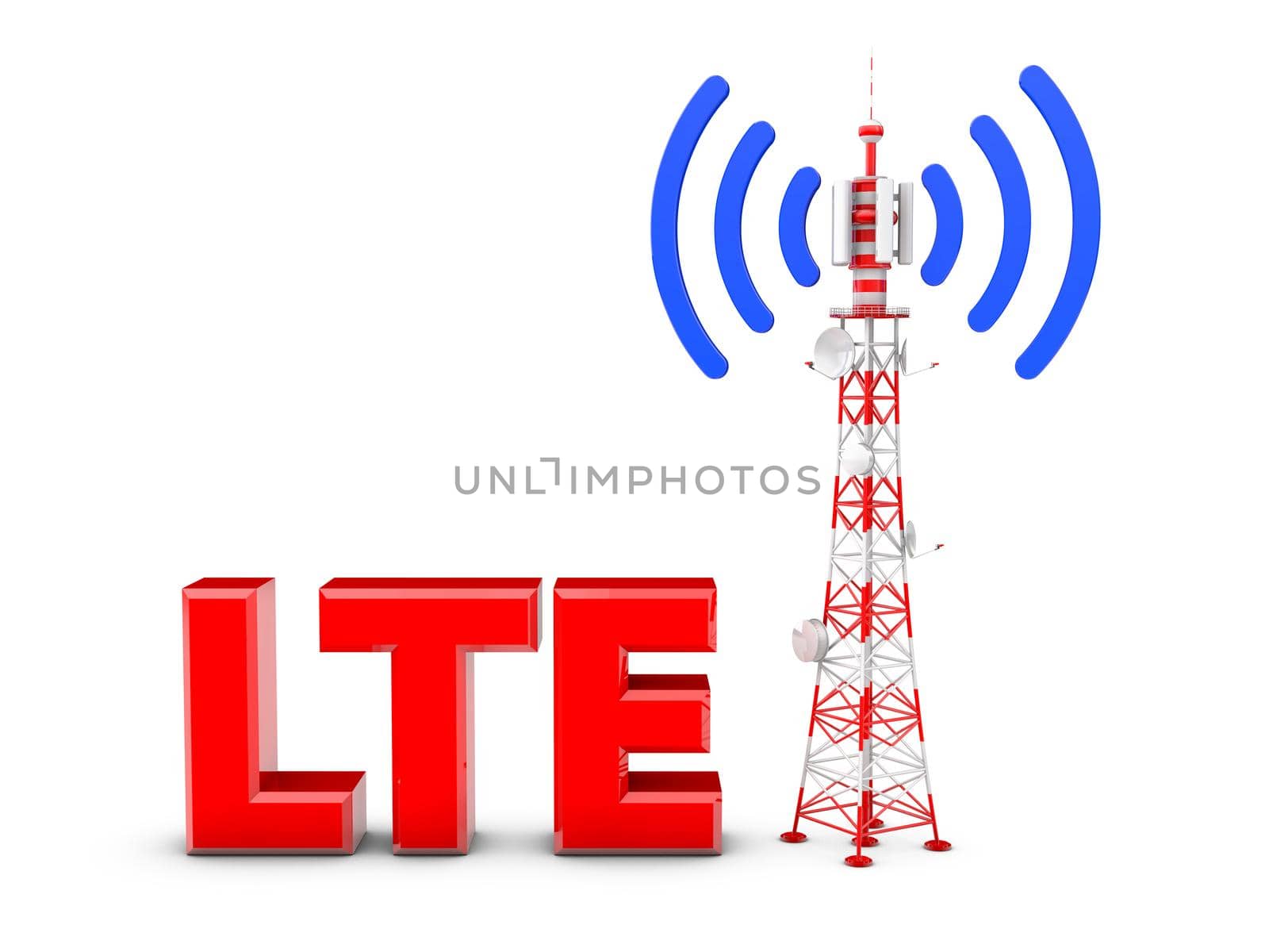 Telecommunication tower with the emitted signal and the red letters: LTE