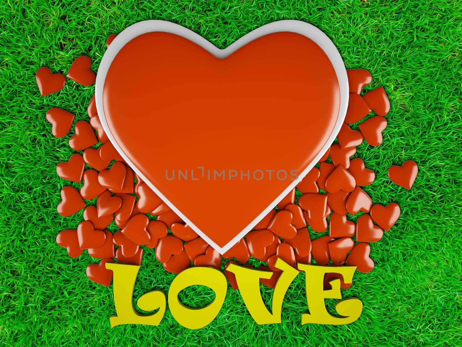 many beautiful hearts and love sign on green grass