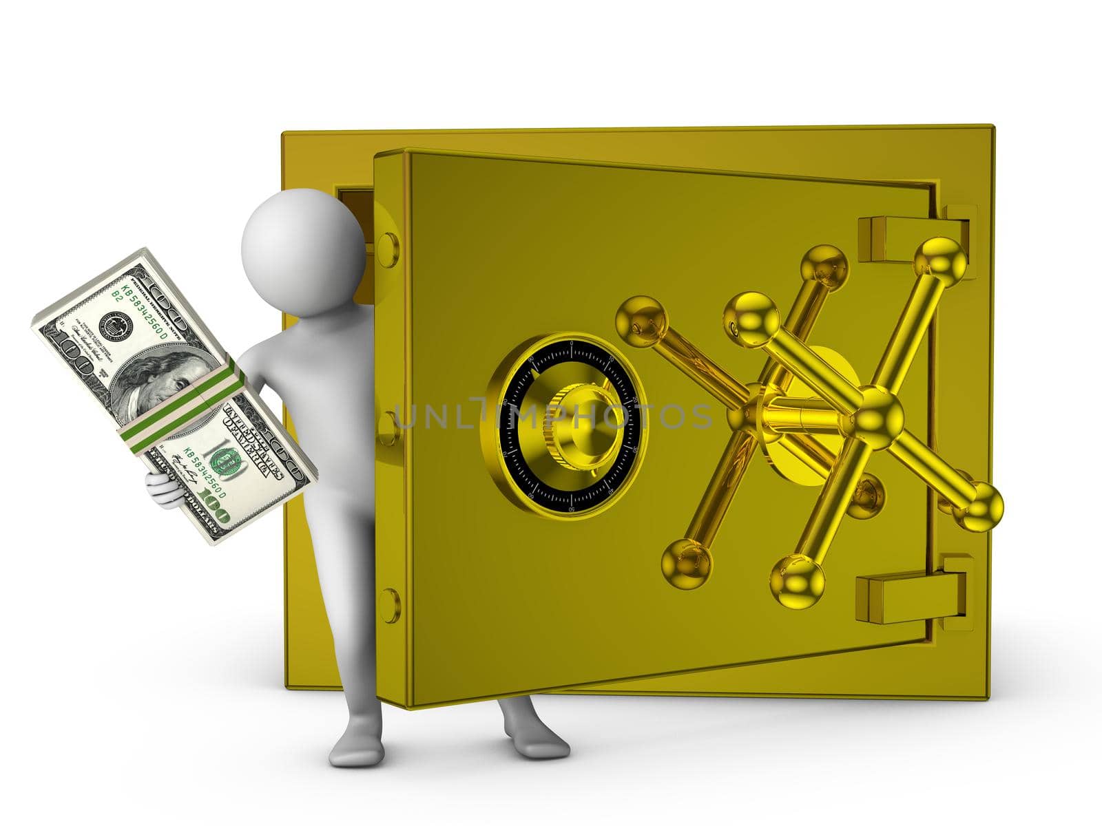 man holding a wad of bills near the gold safe