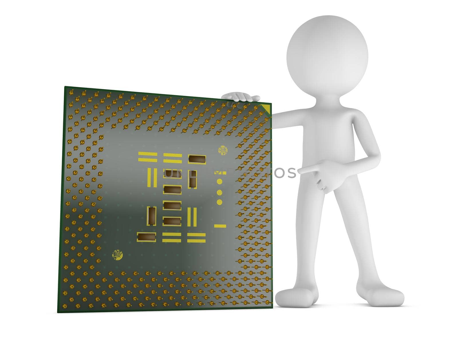 man is pointing to modern CPU on a white background