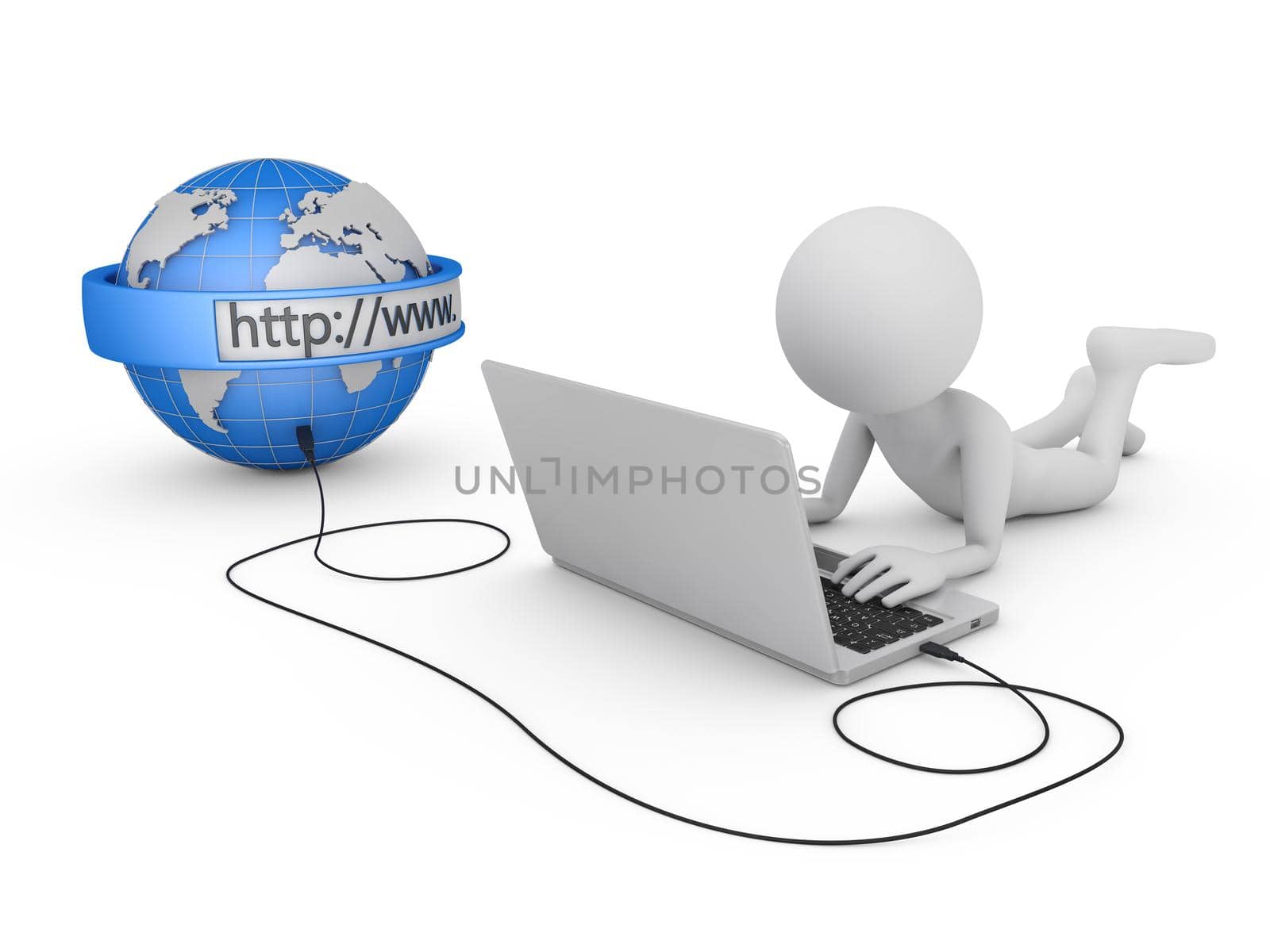 man with a laptop that is connected by a cable to a globe with the search panel