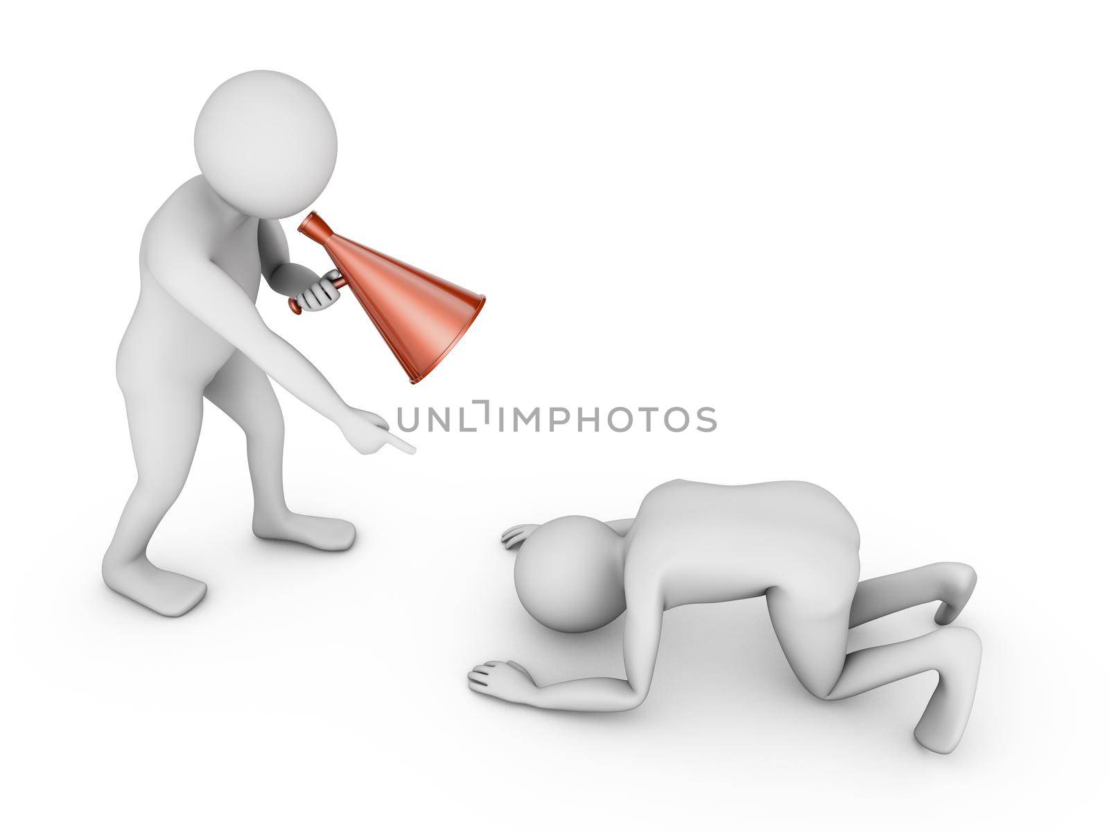 man yelling into a megaphone on the other person who pray