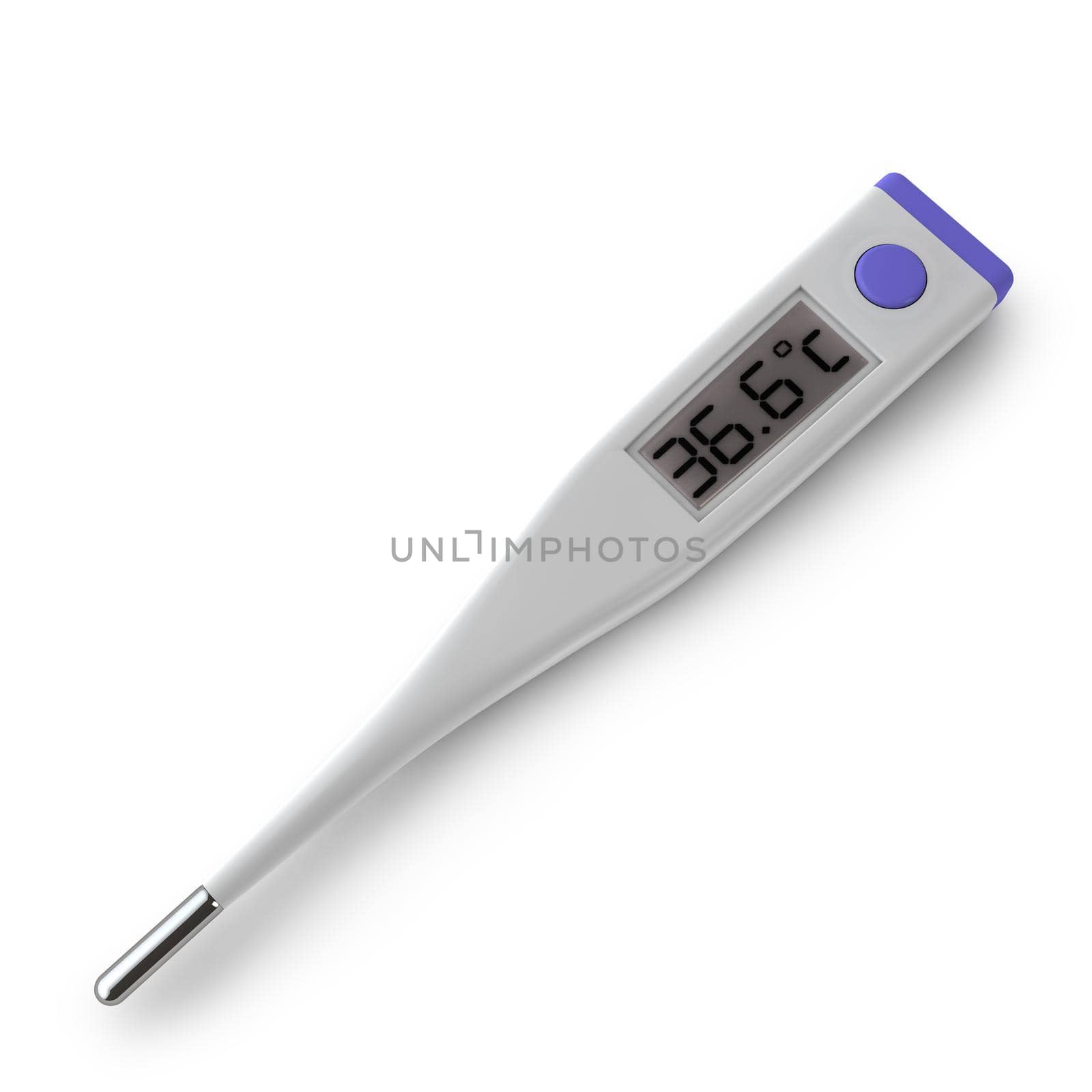 medical electronic thermometer shows 36.6 degrees Celsius on a white background