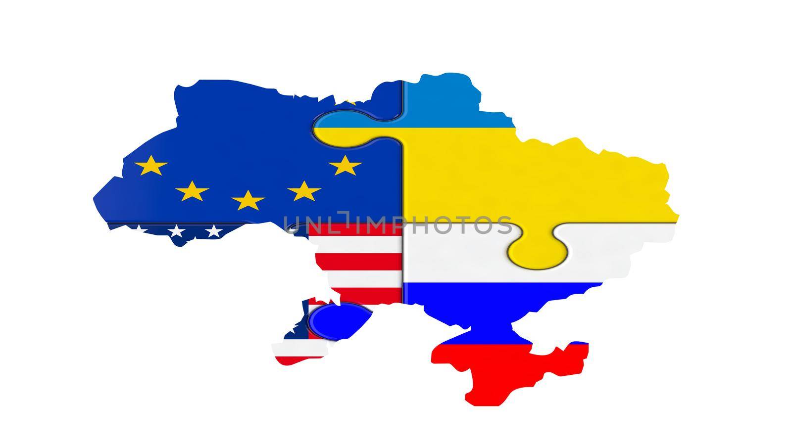 Map of Ukraine in the form of puzzles flags of the European Union, the USA, Russia and Ukraine