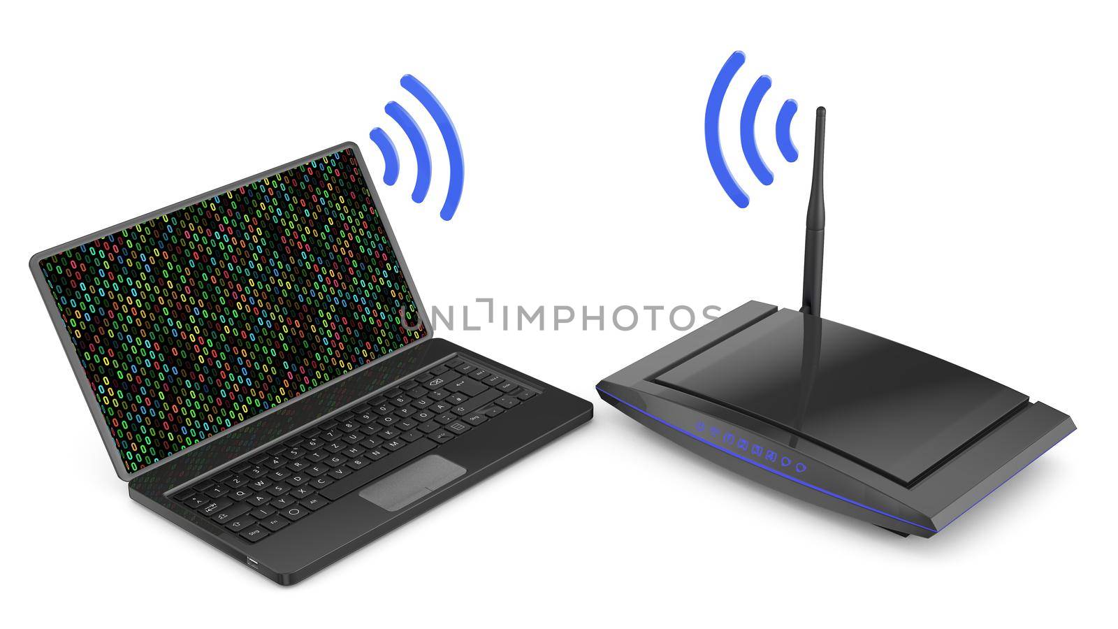 modern router with a blue signal and a laptop