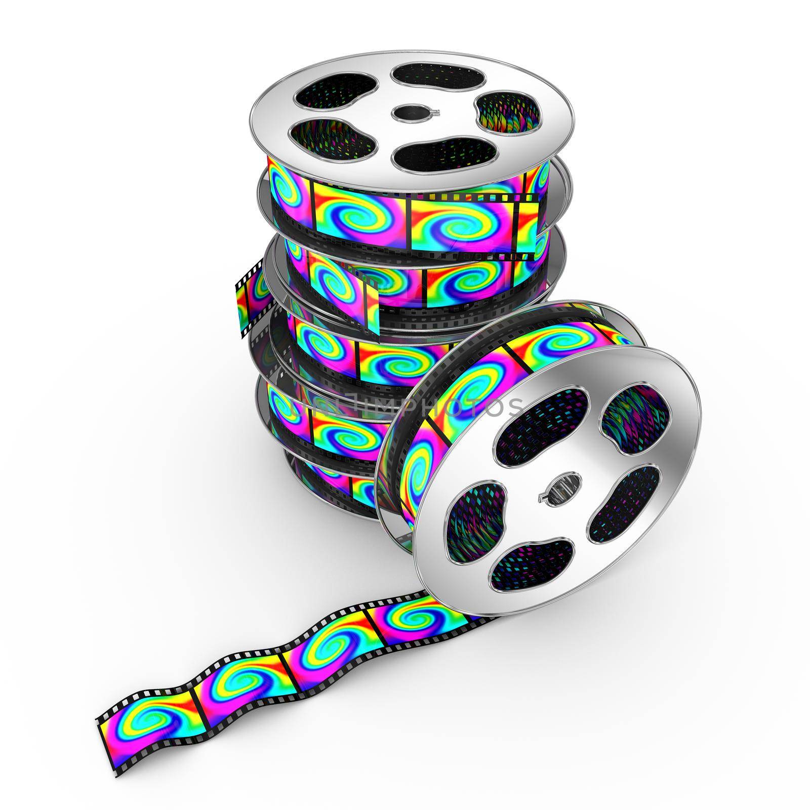 Metal reels of film on a white background