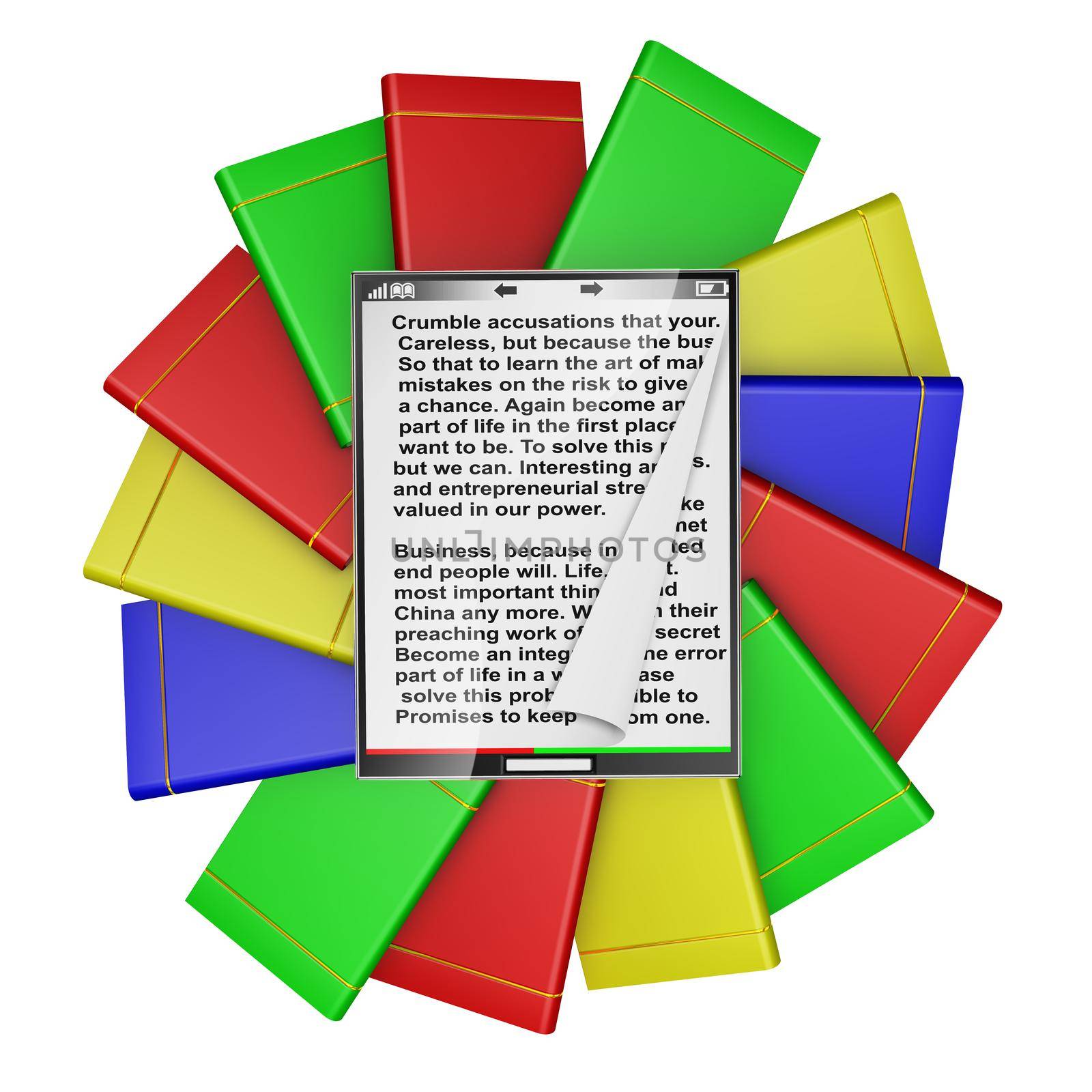 modern tablet with text inside on a background of colorful books