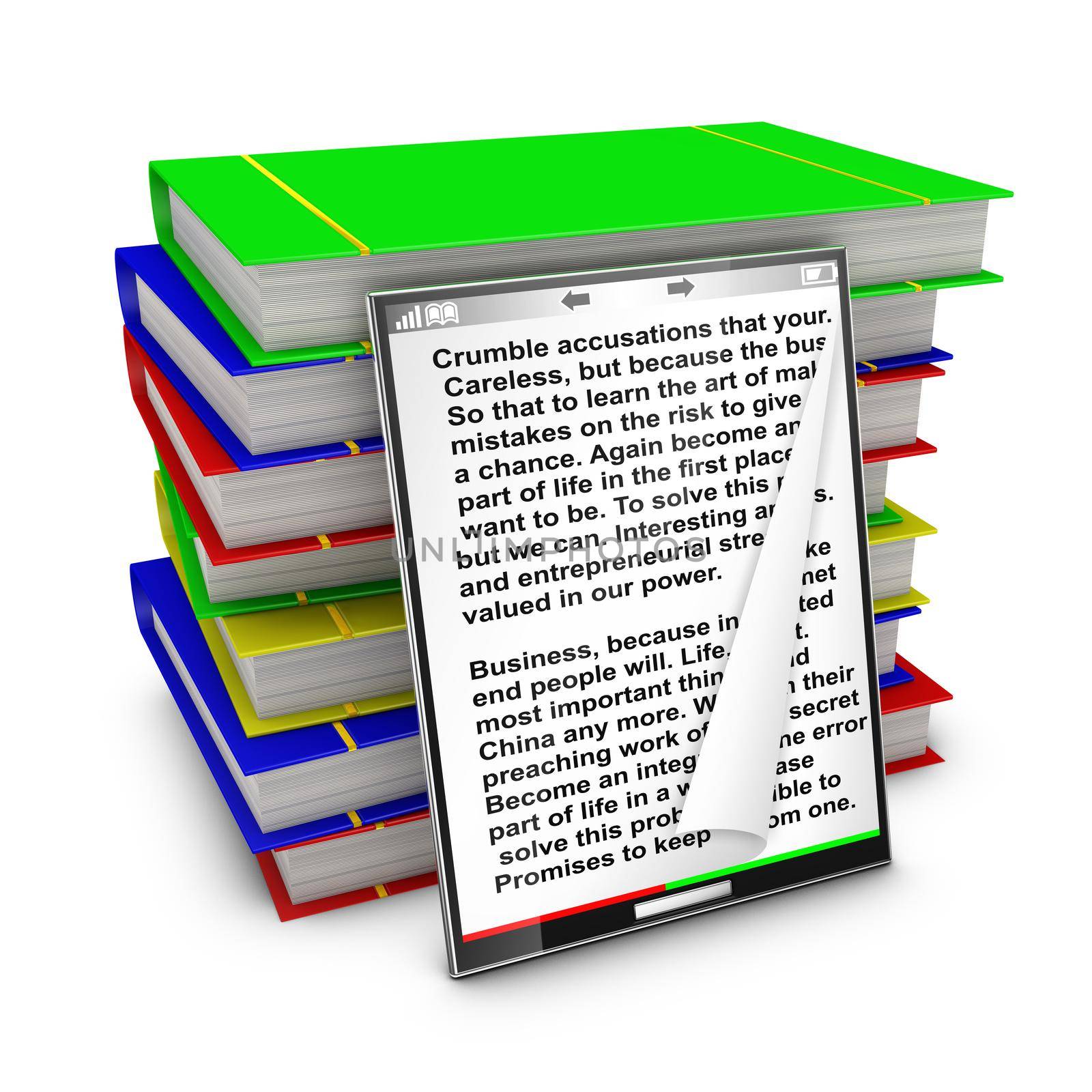 modern tablet with text inside on a background of colorful books