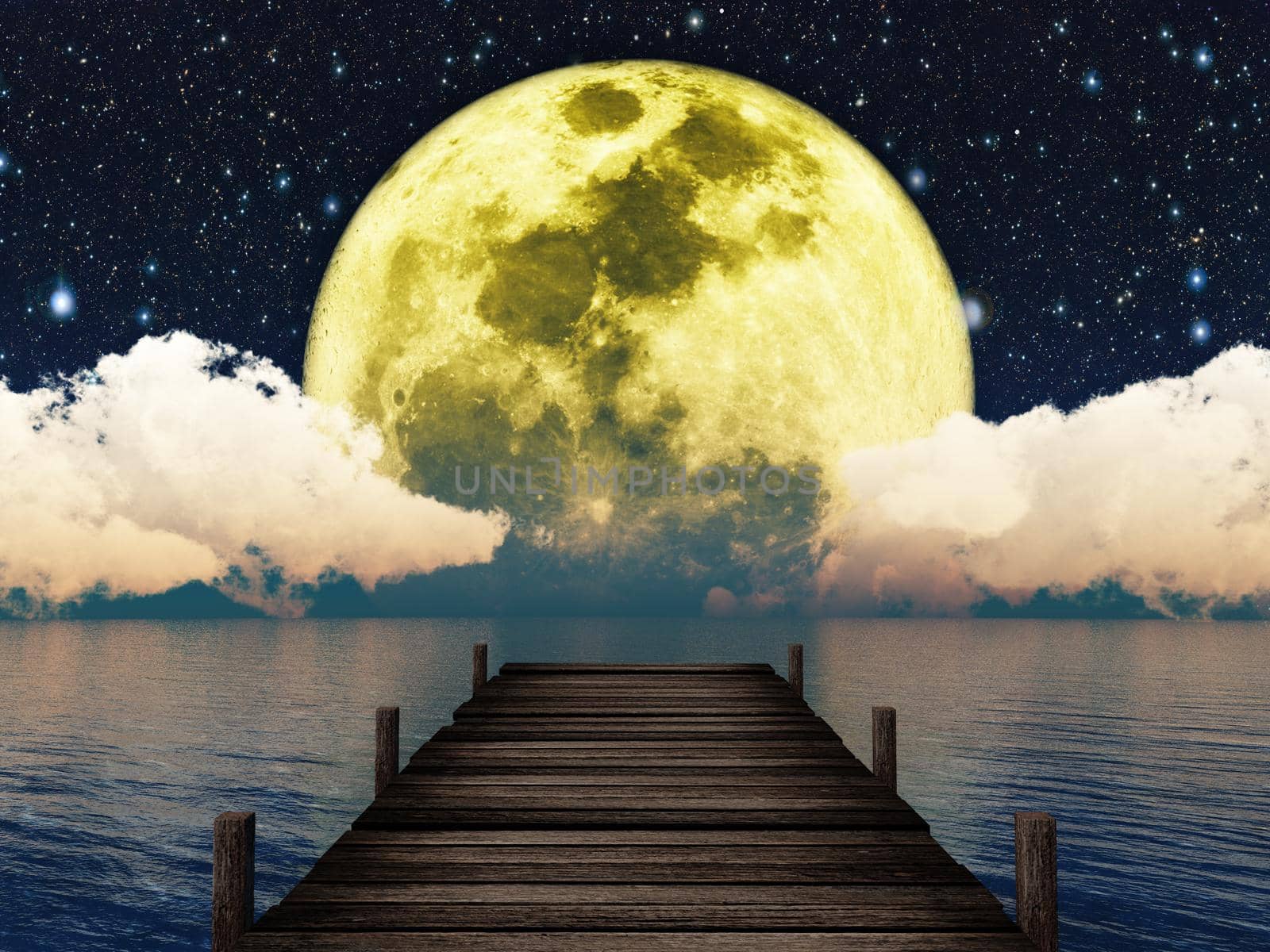 wooden pier on the background of the moon in the night sky