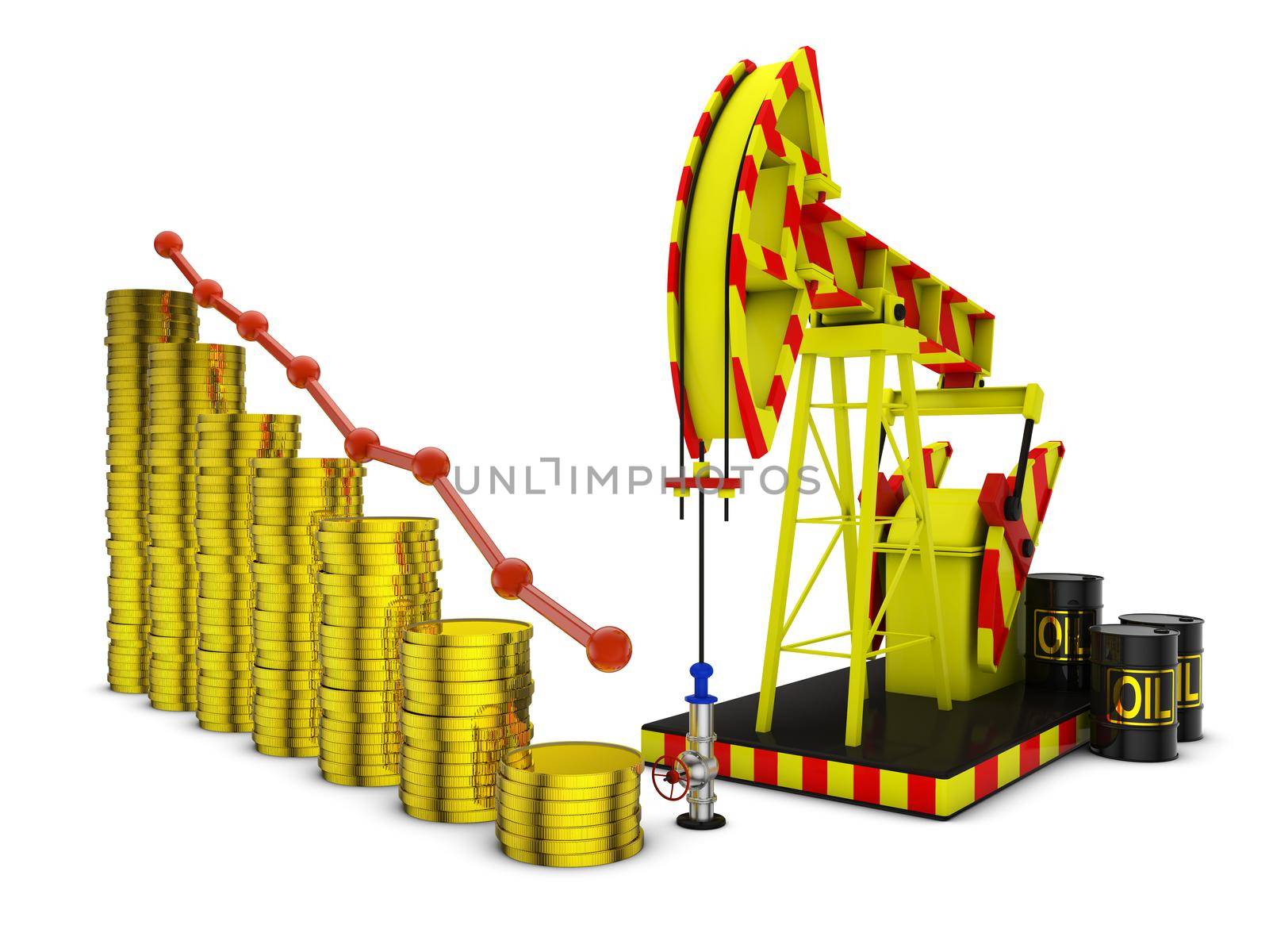 pump for oil and stacks of coins on the background of falling graph