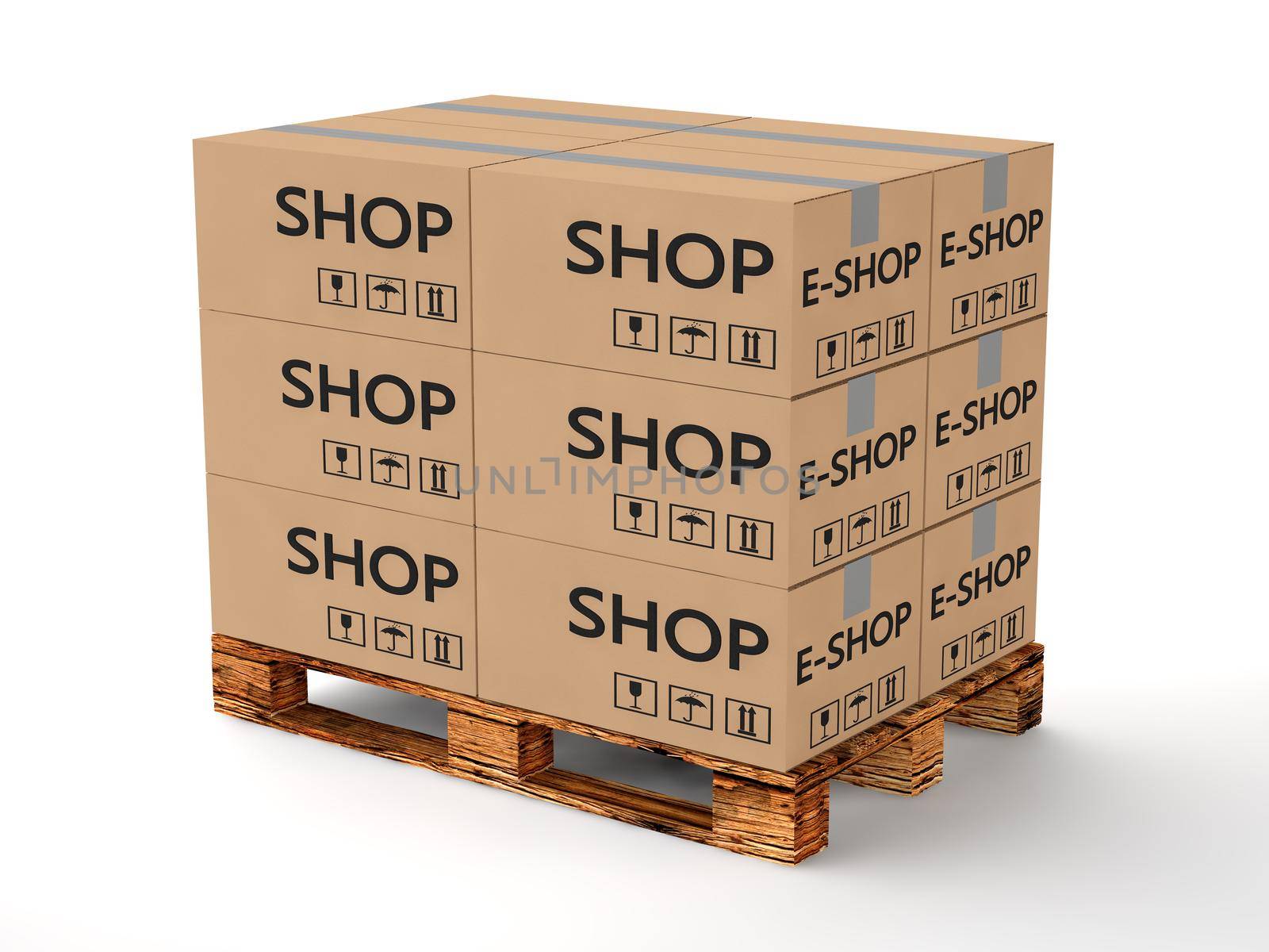 wooden pallet with cardboard boxes on white background