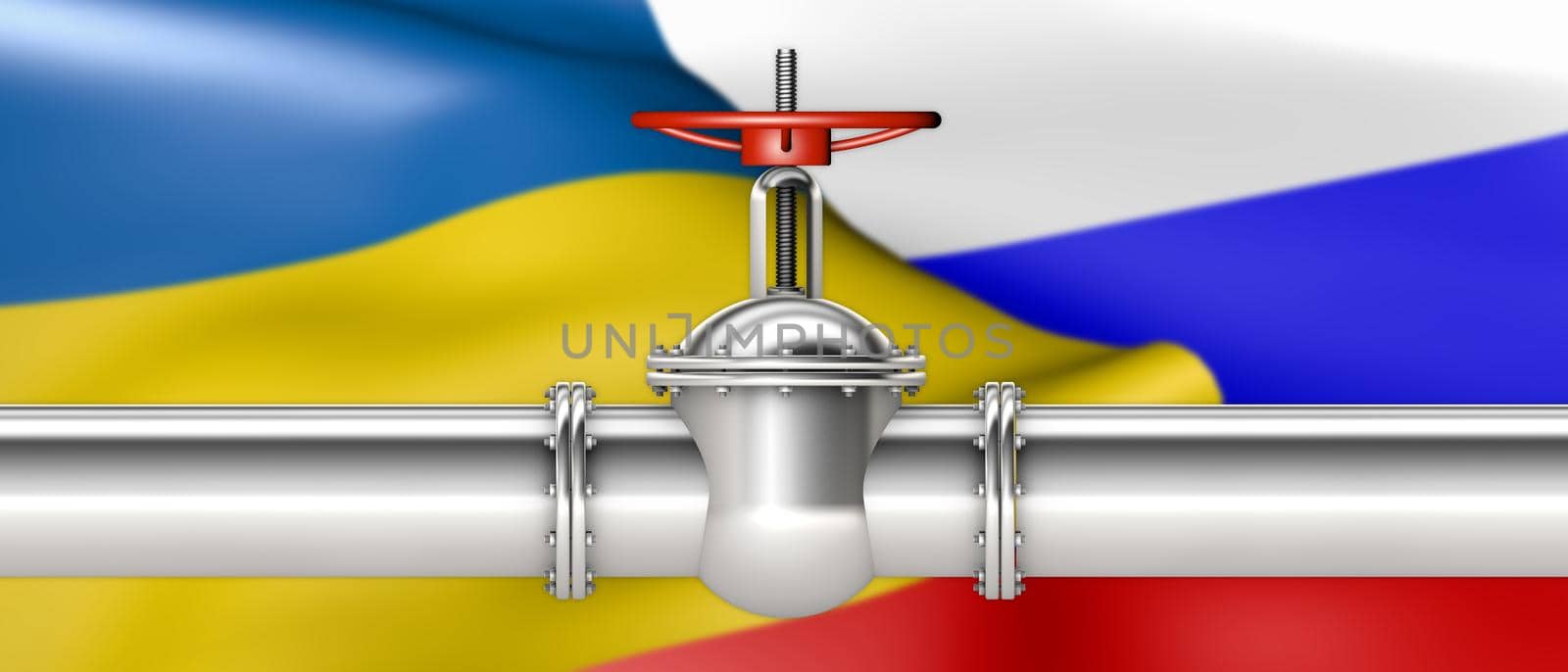 Glossy pipe and valve on a background of the flag of Ukraine and Russia