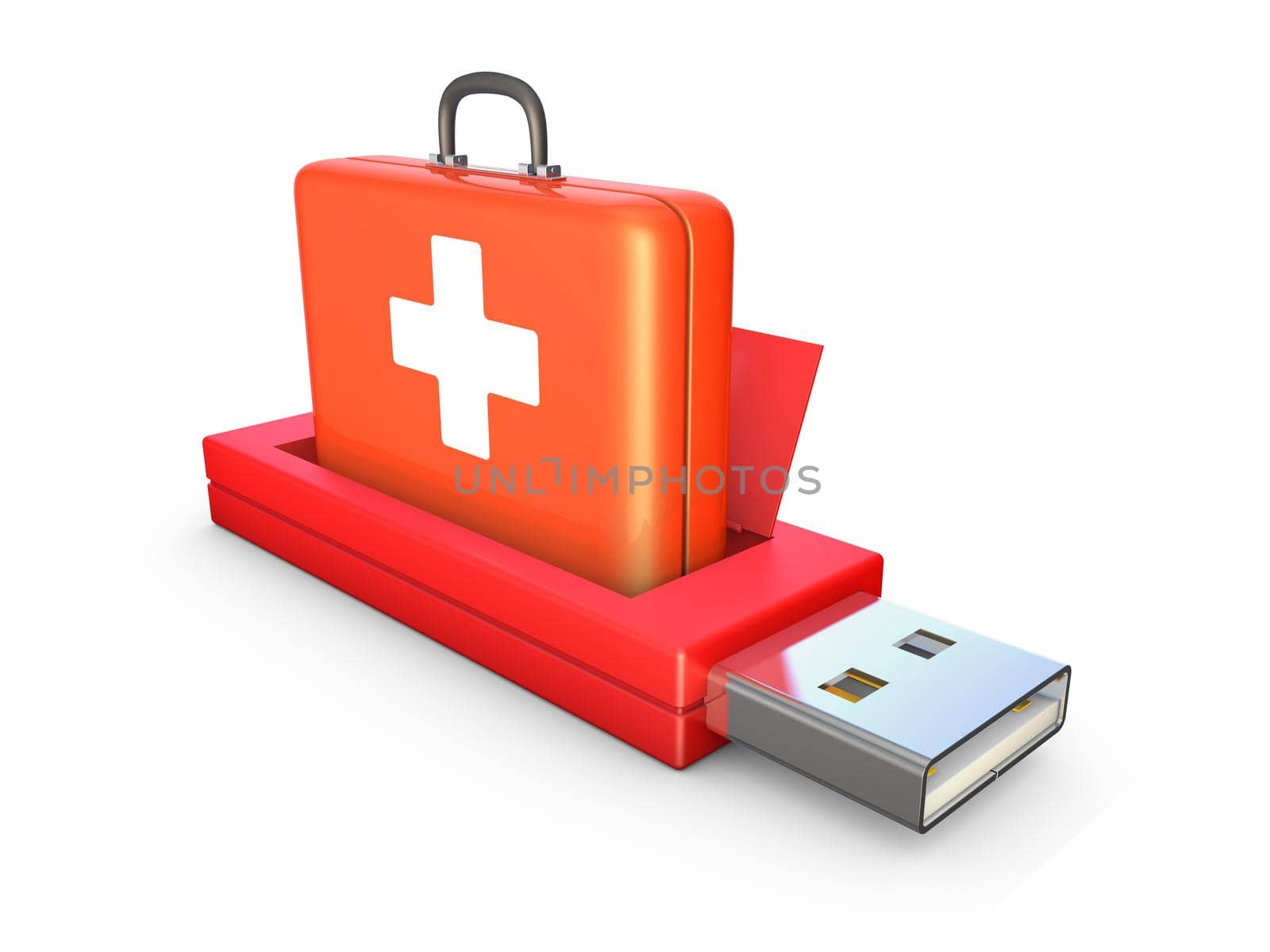 Red suitcase with white cross in the compartment usb flash drive