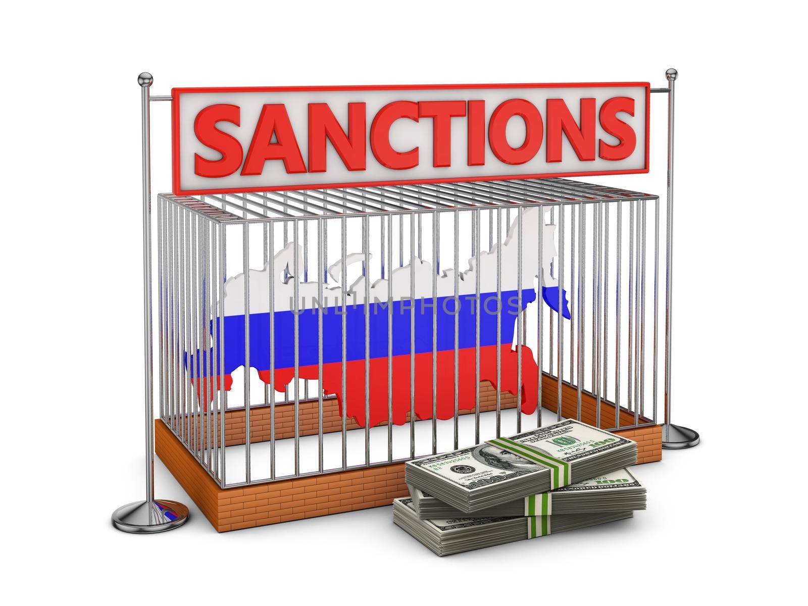 Russia map with flag image in a metal cell with the inscription sanctions and a pack of dollars