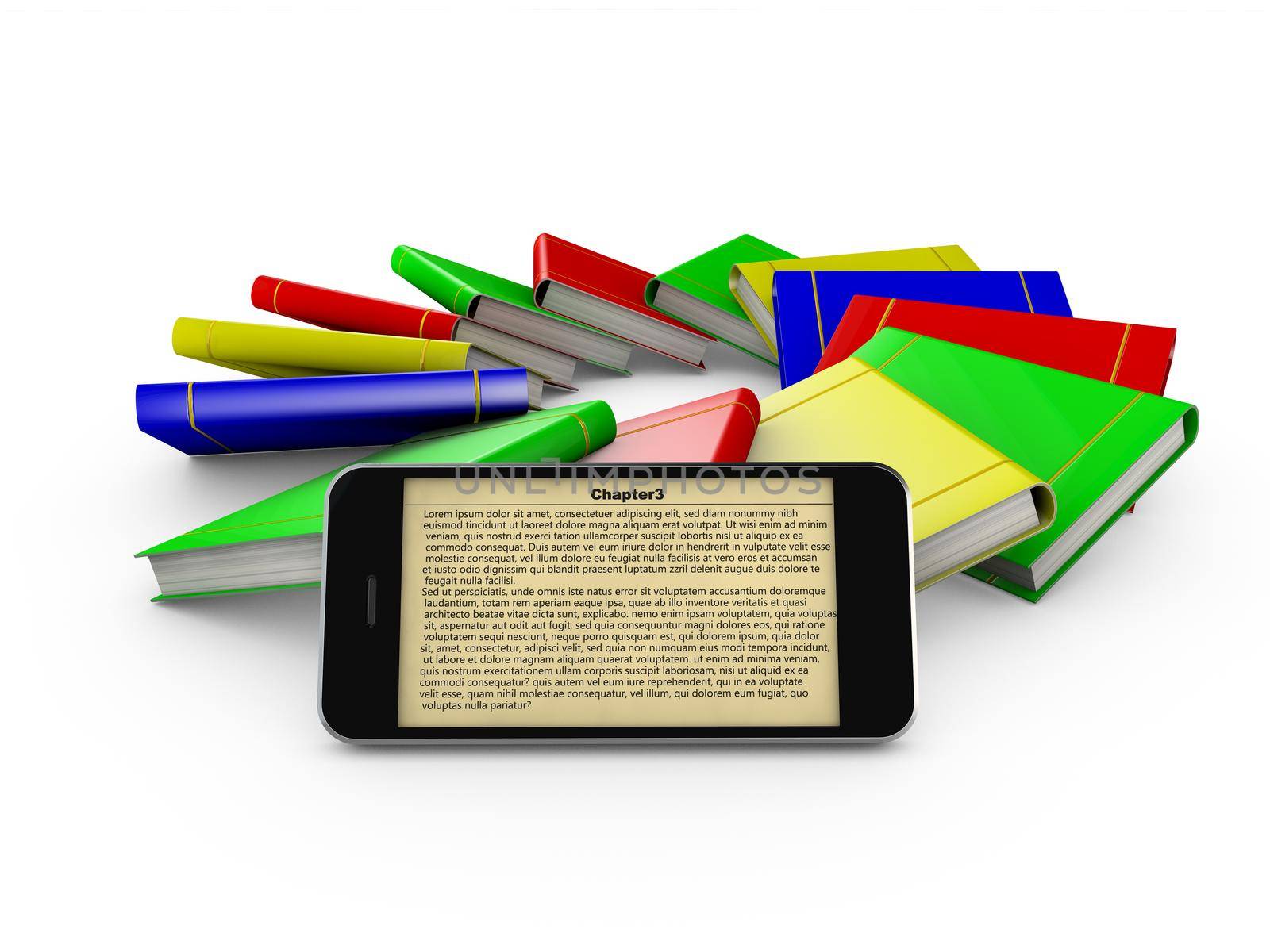 smartphone with the text on the screen and colored books arranged ring