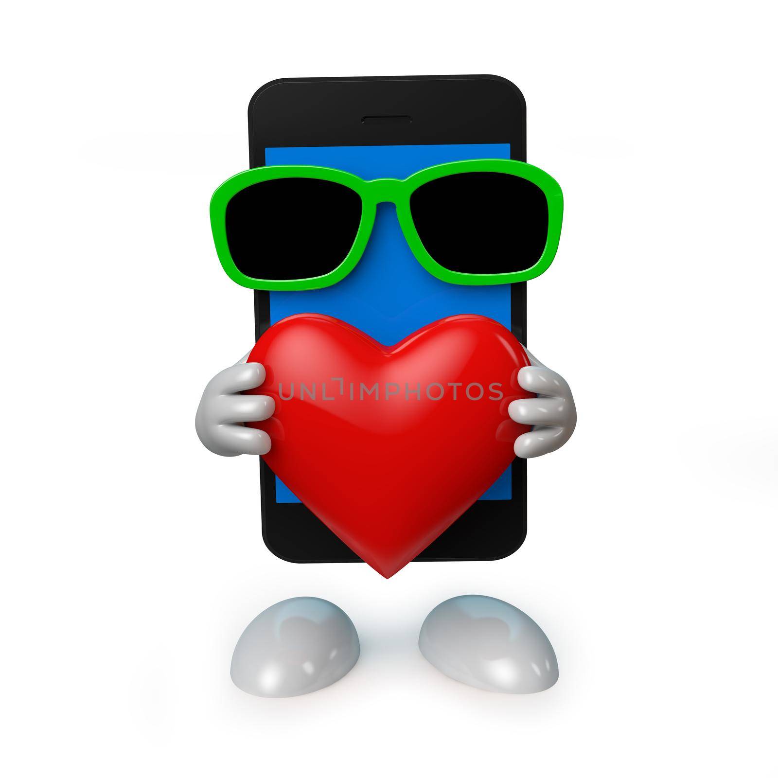 smartphone with glasses holding a heart on a white background