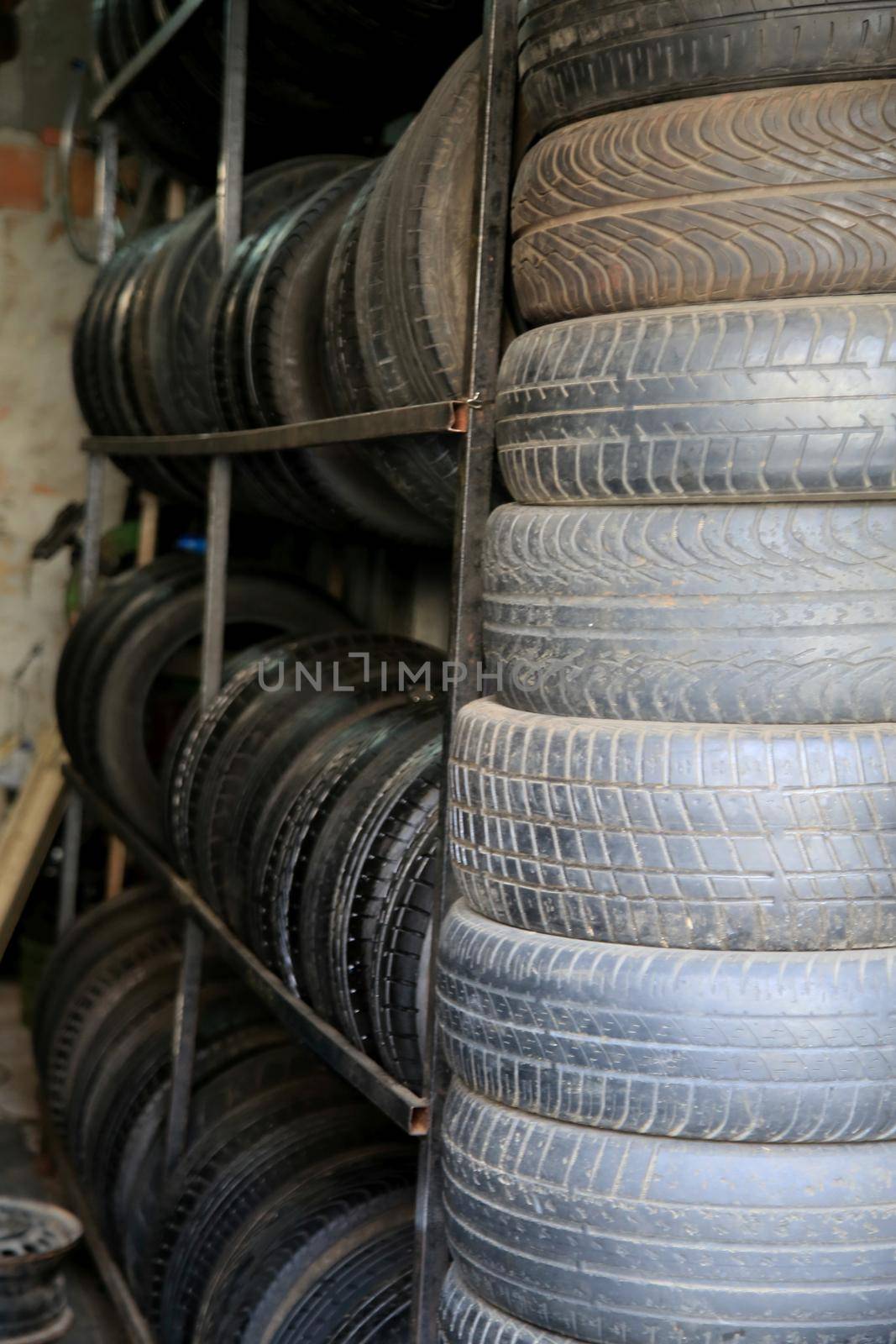 salvador, bahia, brazil - january 27, 2021: used tires are seen in a tire shop in the city of Salvador.