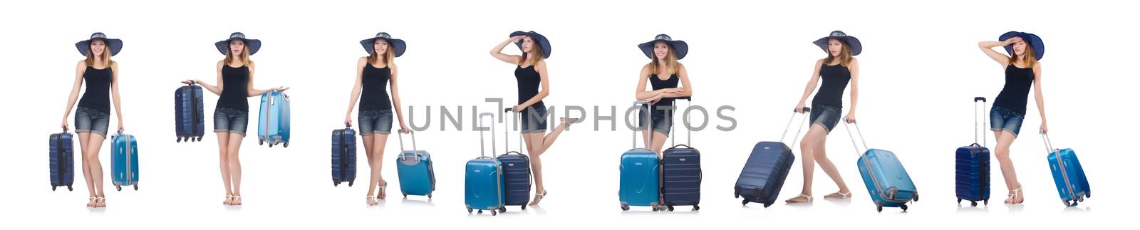 Girl with suitcases isolated on white by Elnur