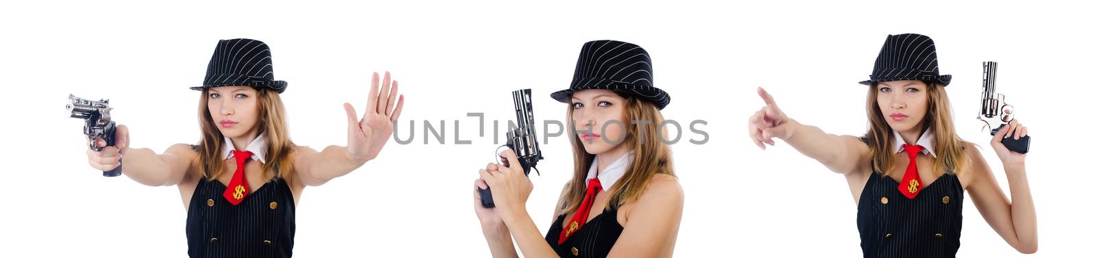 Woman with gun isolated on white