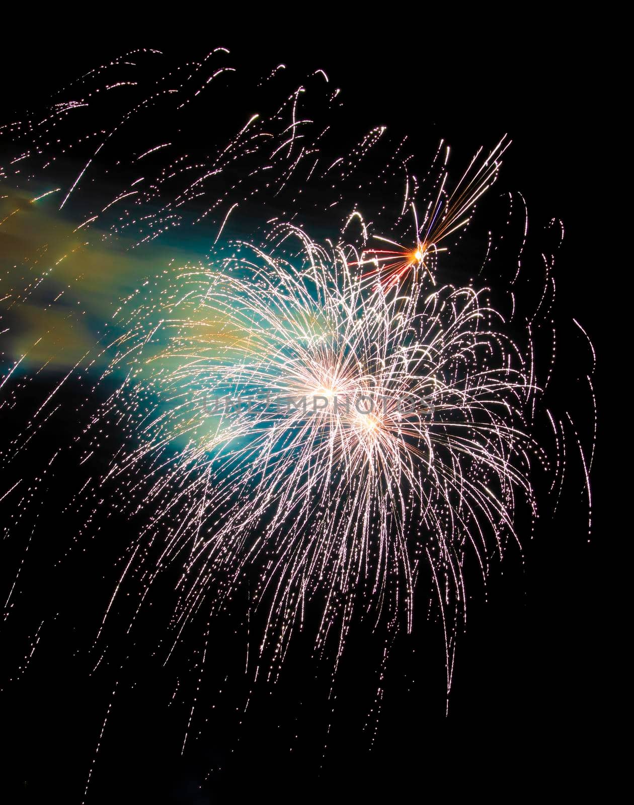 Colorful fireworks isolated on black sky background.