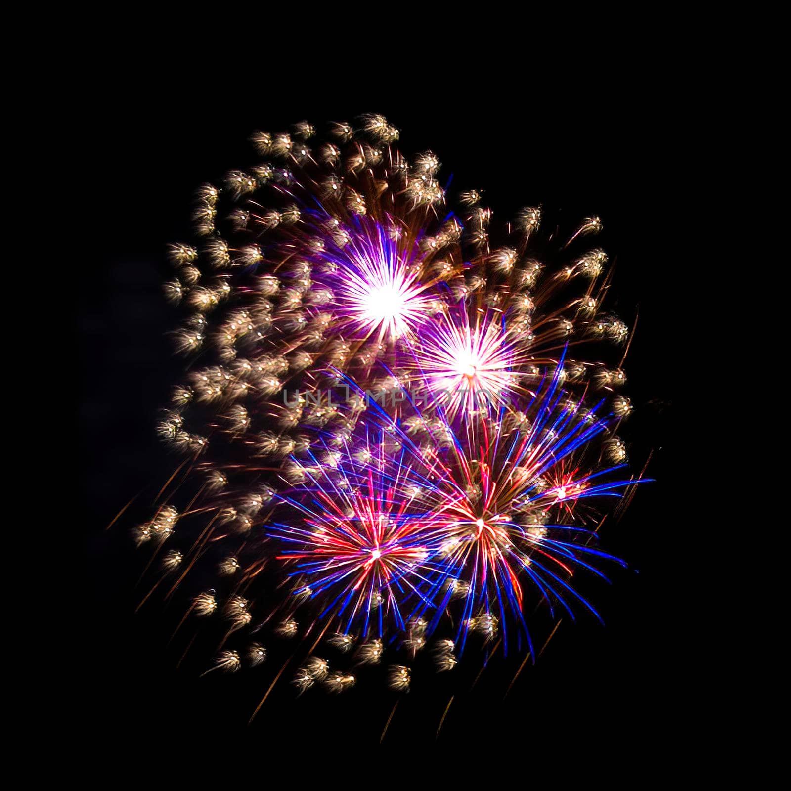 Colorful fireworks isolated on black sky background.