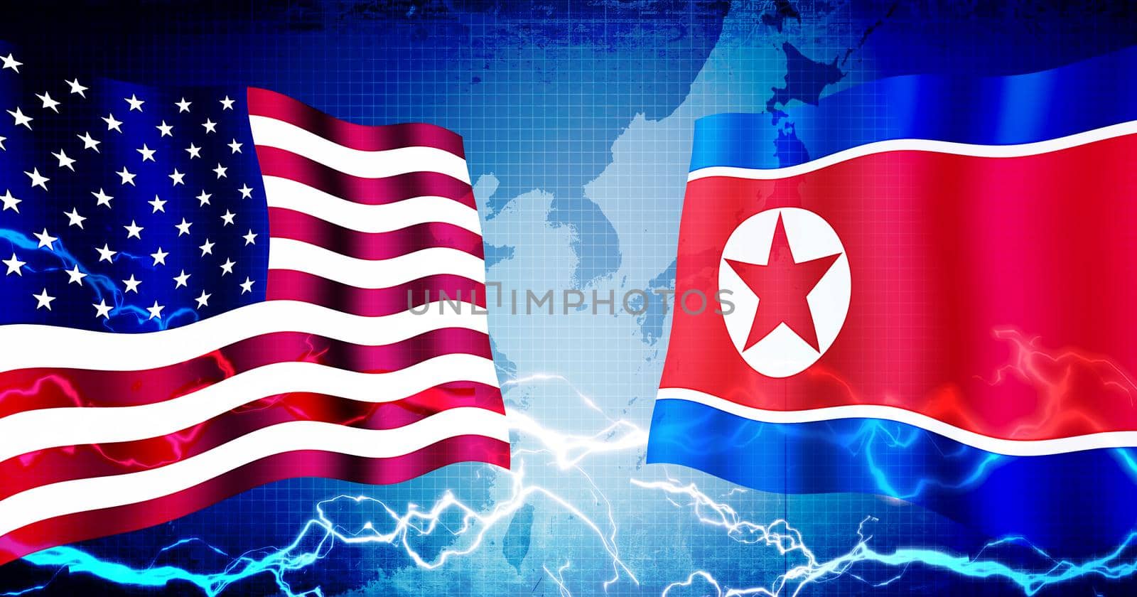 Political confrontation between USA and North korea / web banner background illustration