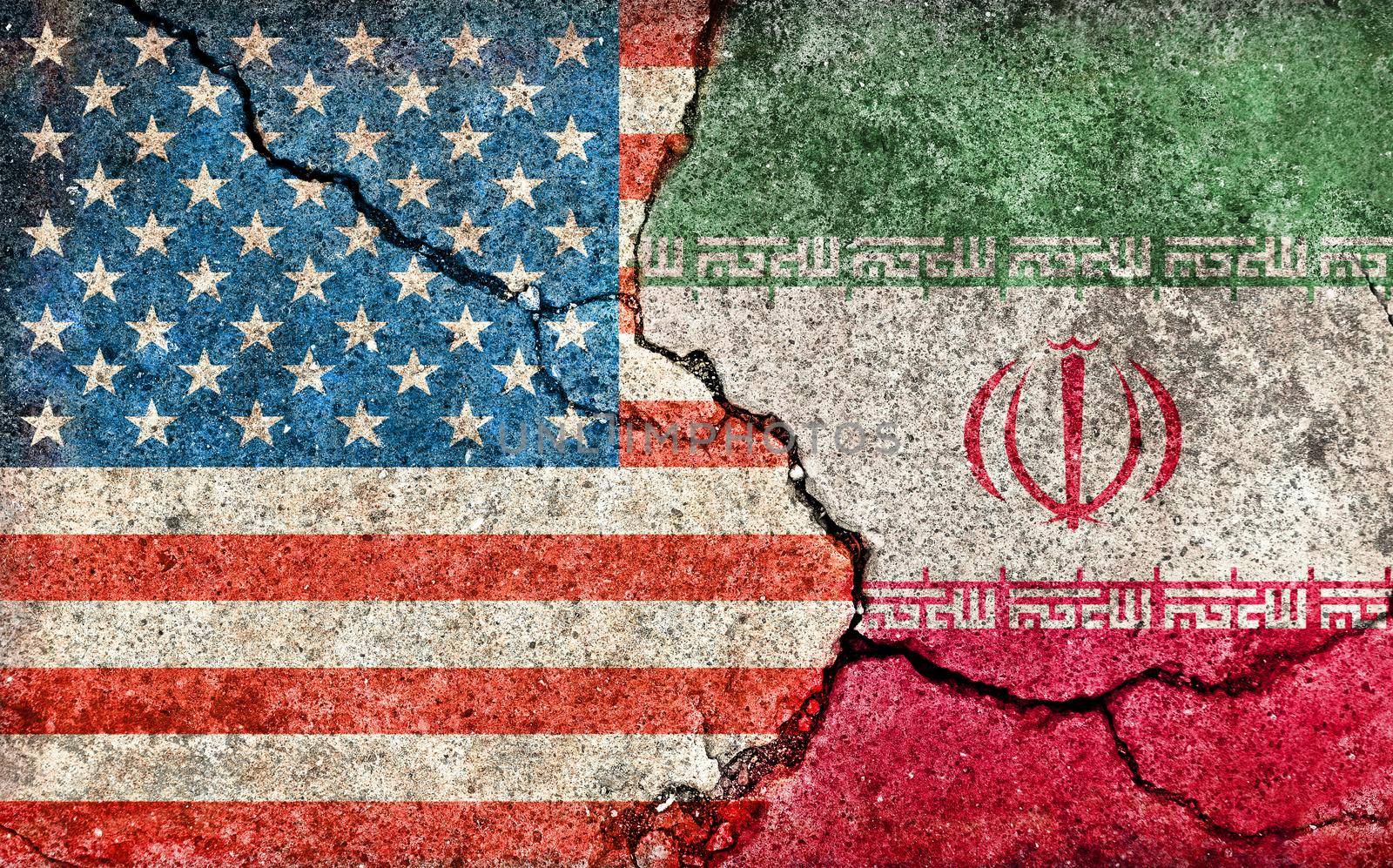 Grunge country flag illustration (cracked concrete background) / USA vs Iran (Political or economic conflict)