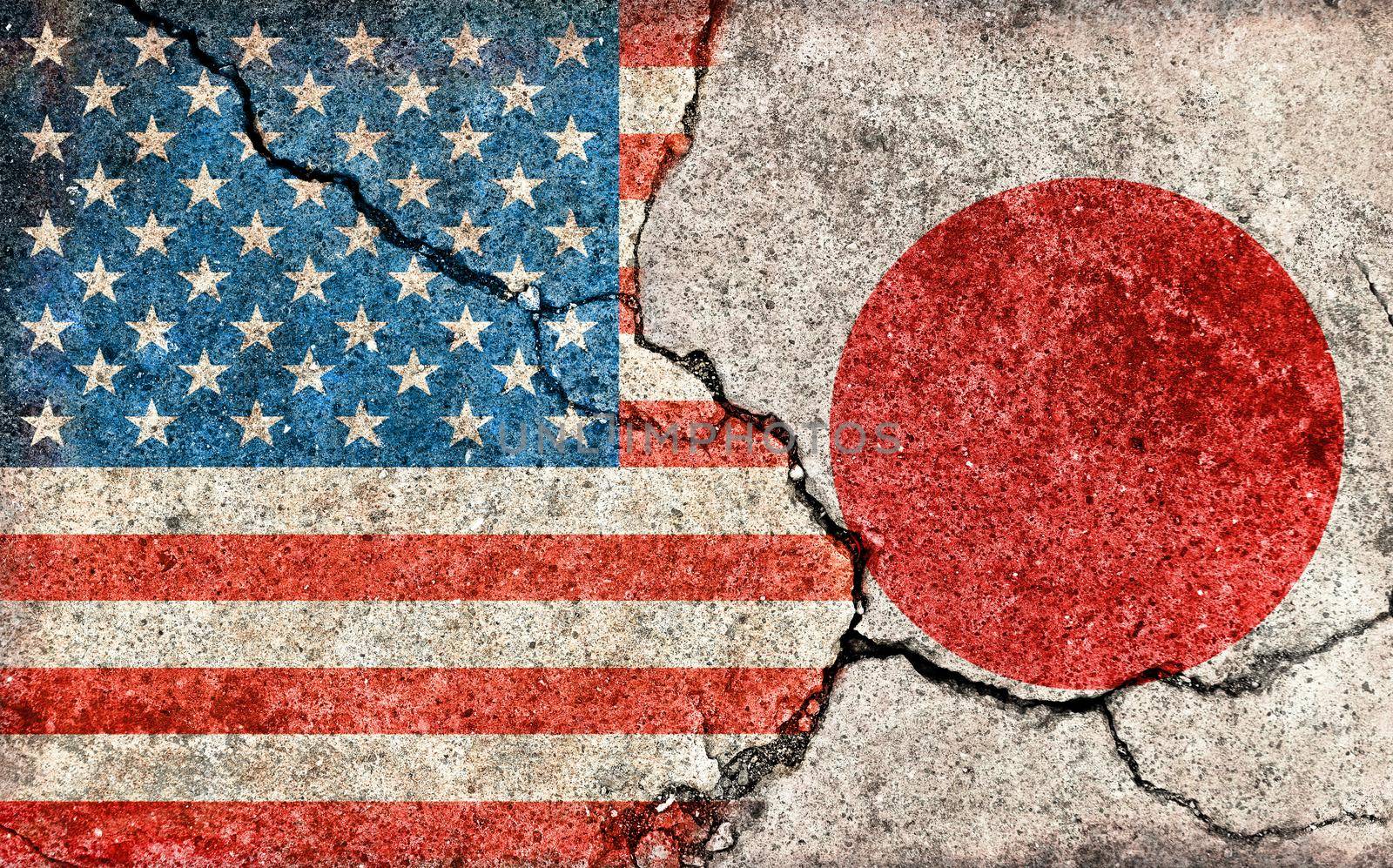 Grunge country flag illustration (cracked concrete background) / USA vs Japan (Political or economic conflict)