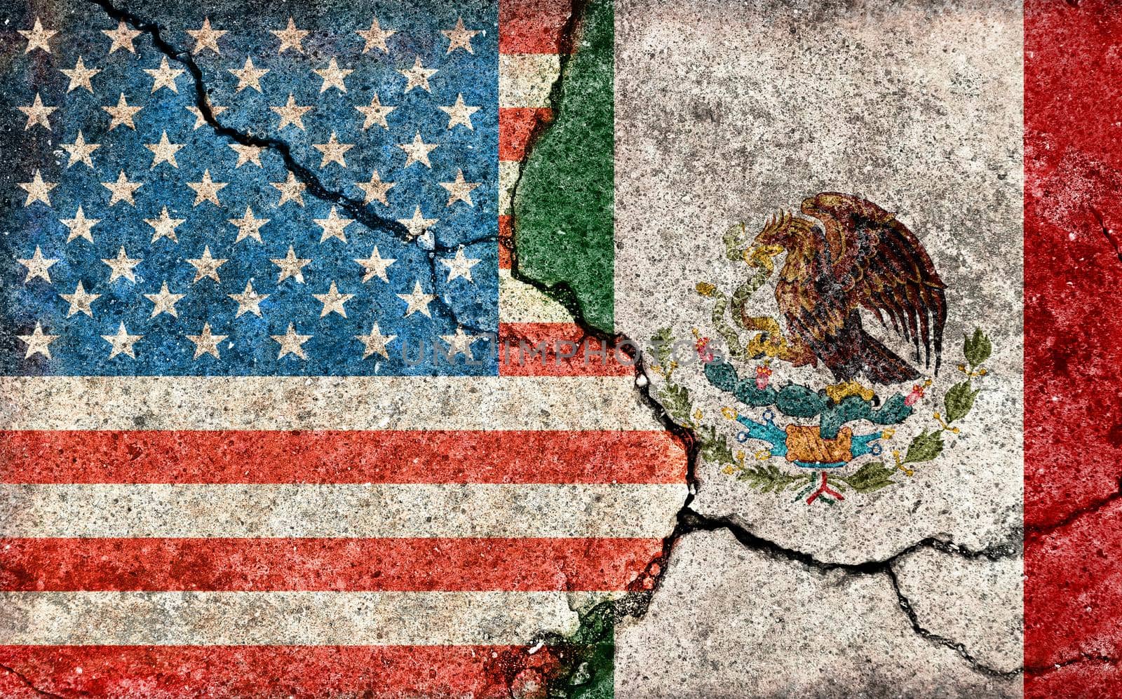 Grunge country flag illustration (cracked concrete background) / USA vs Mexico (Political or economic conflict) by barks