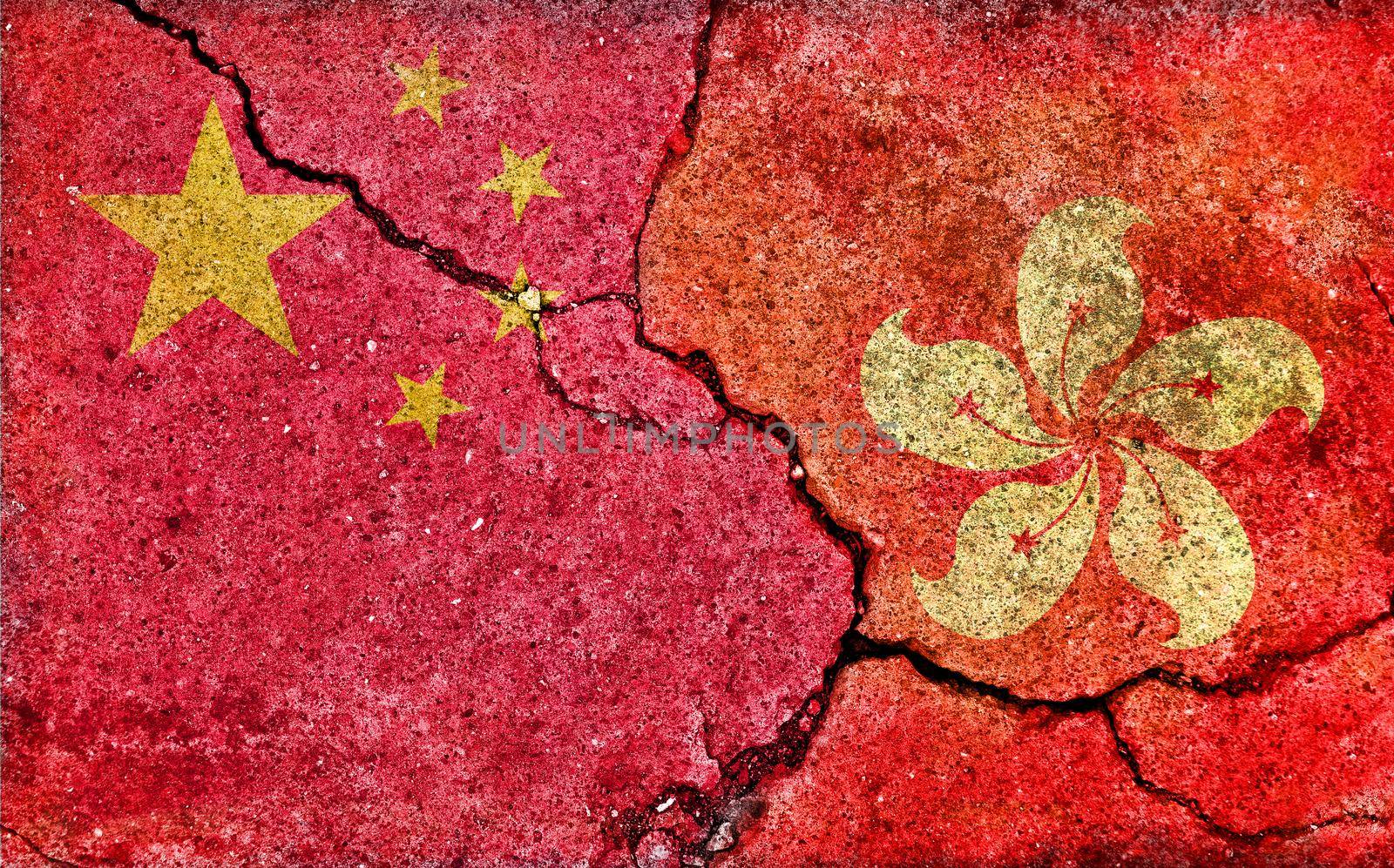 Grunge country flag illustration (cracked concrete background) / China vs Hong Kong (Political or economic conflict) by barks