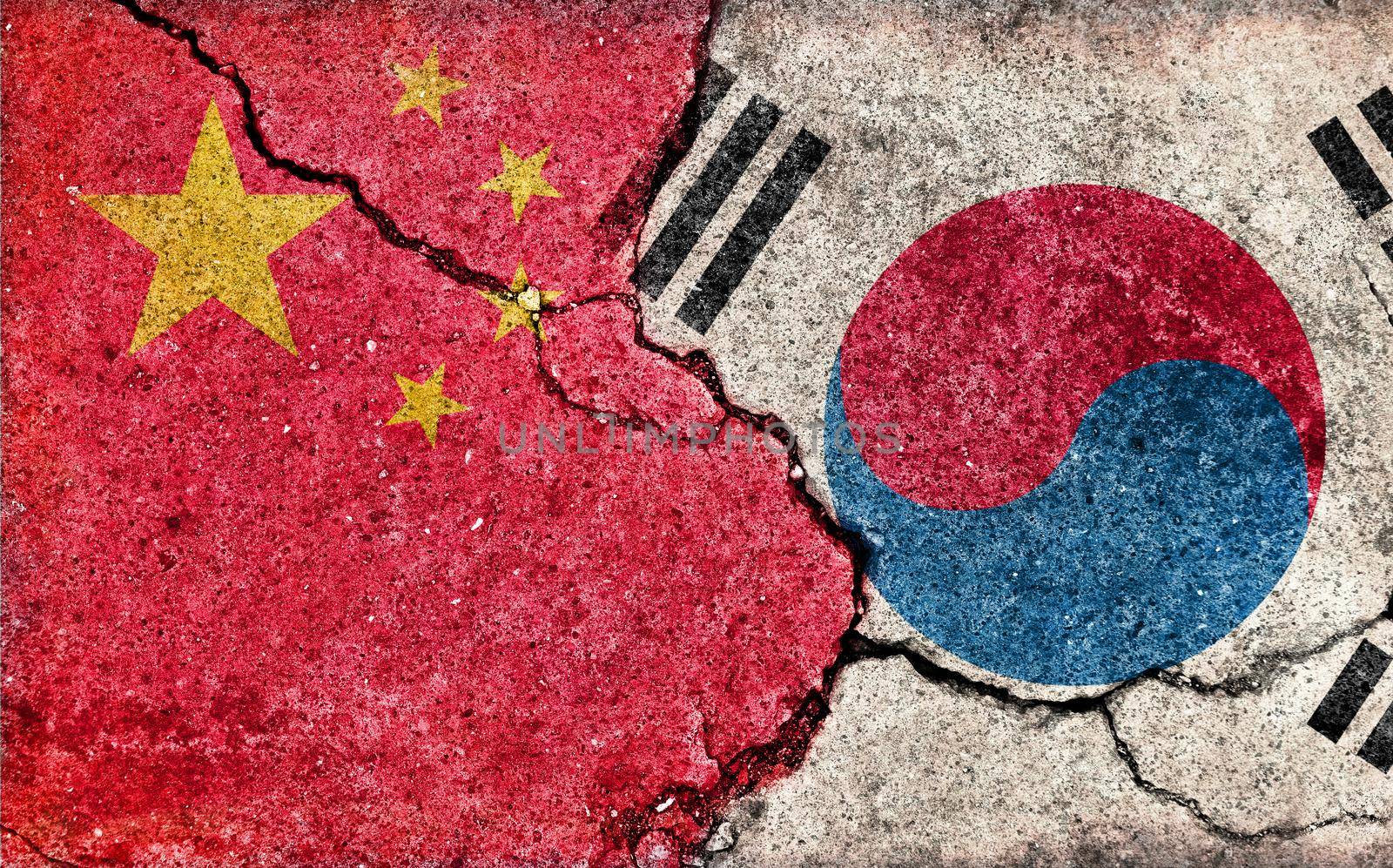 Grunge country flag illustration (cracked concrete background) / China vs South korea (Political or economic conflict)