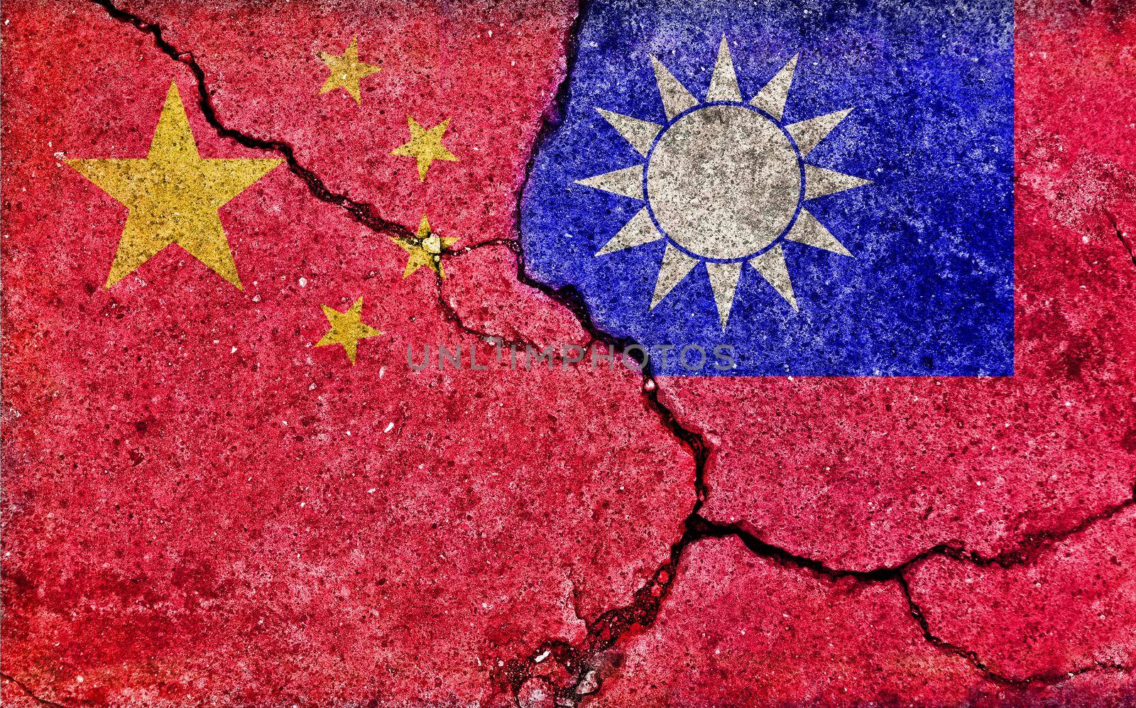 Grunge country flag illustration (cracked concrete background) / China vs Taiwan (Political or economic conflict)