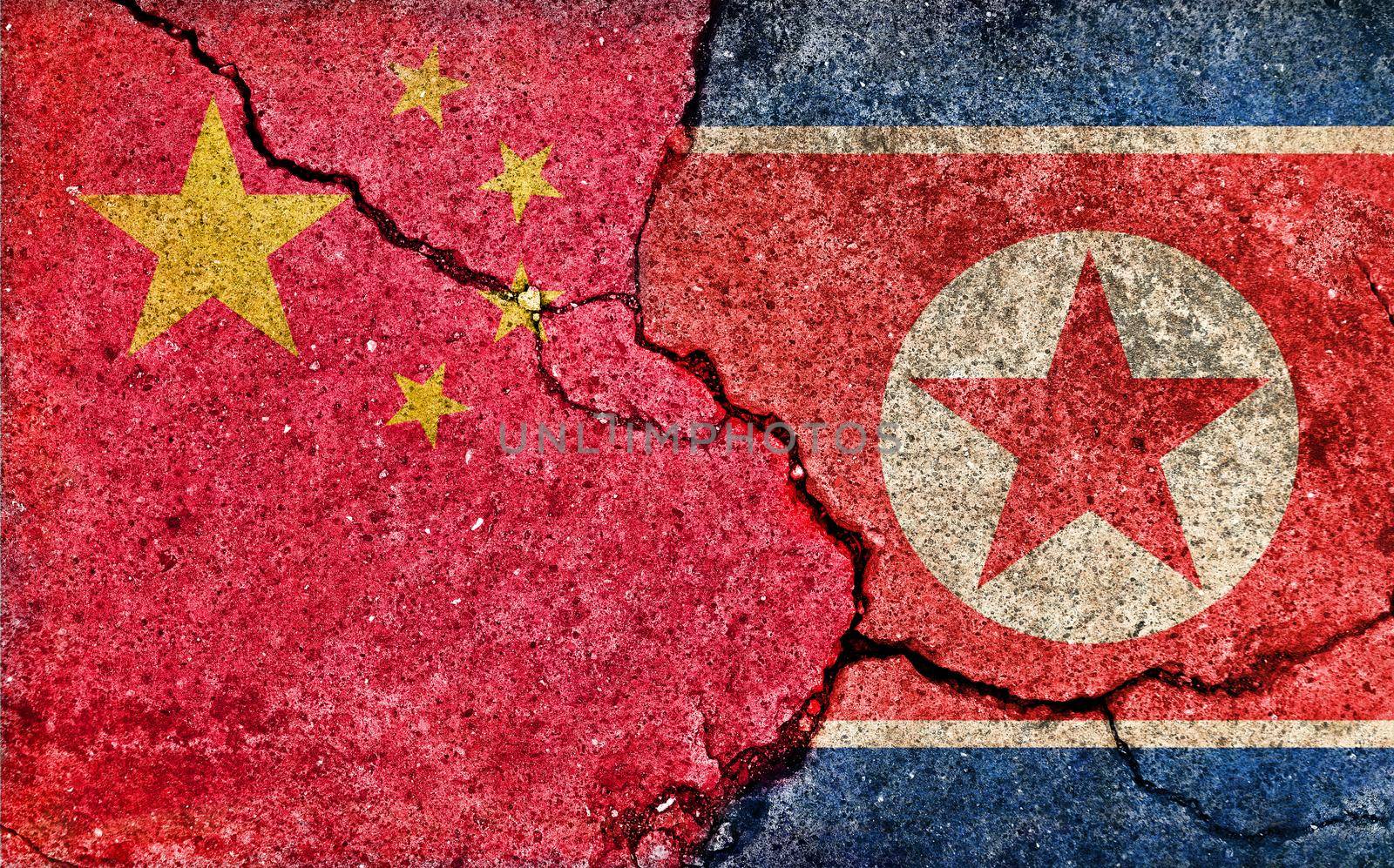 Grunge country flag illustration (cracked concrete background) / China vs North korea (Political or economic conflict) by barks