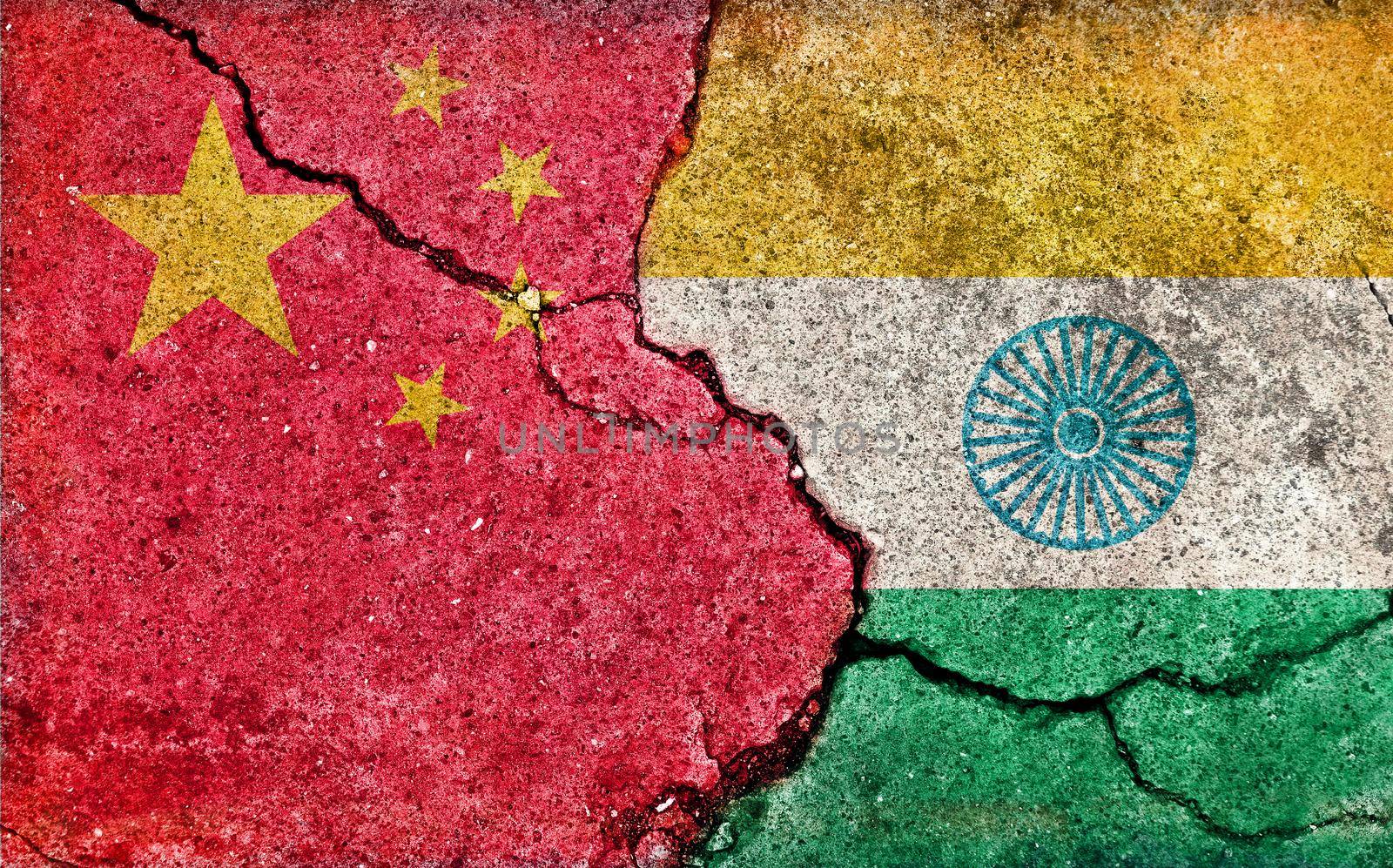 Grunge country flag illustration (cracked concrete background) / China vs India (Political or economic conflict)