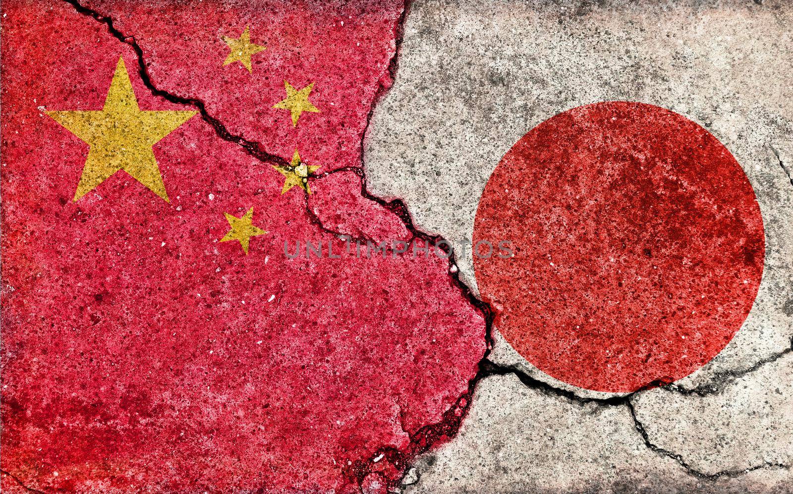 Grunge country flag illustration (cracked concrete background) / Japan vs China (Political or economic conflict)