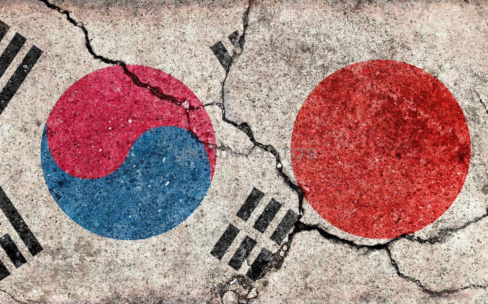 Grunge country flag illustration (cracked concrete background) / Japan vs South korea (Political or economic conflict)
