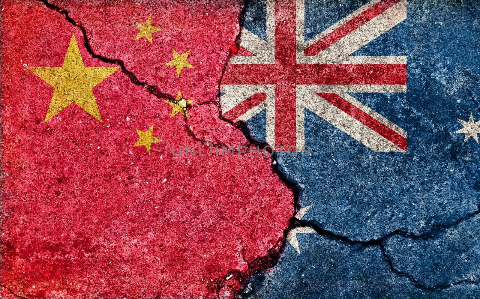 Grunge country flag illustration (cracked concrete background) / China vs Australia (Political or economic conflict) by barks
