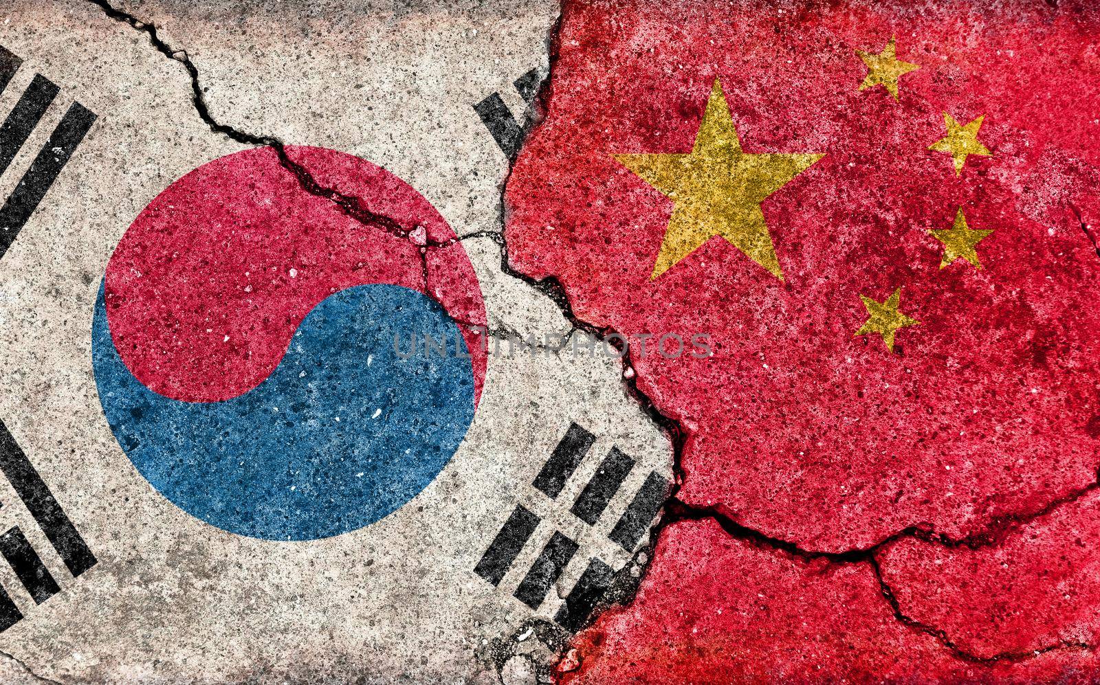 Grunge country flag illustration (cracked concrete background) / China vs South korea (Political or economic conflict) by barks