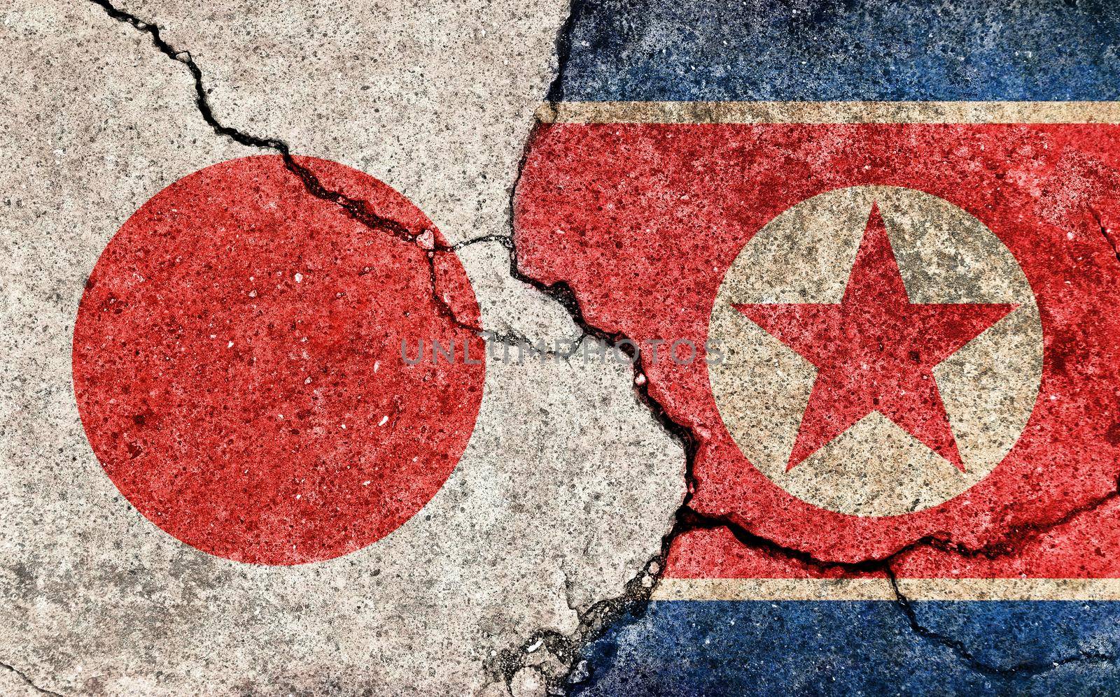 Grunge country flag illustration (cracked concrete background) / Japan vs North korea (Political or economic conflict)
