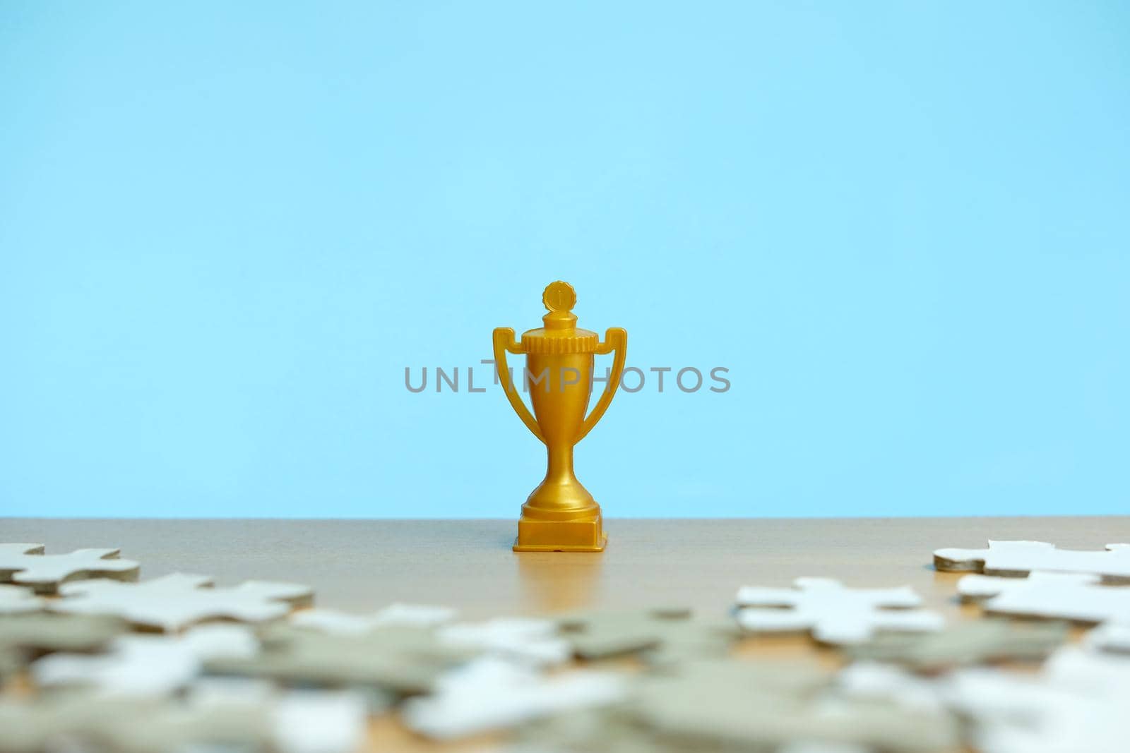 a golden trophy stands between a pile of puzzles. Image photo