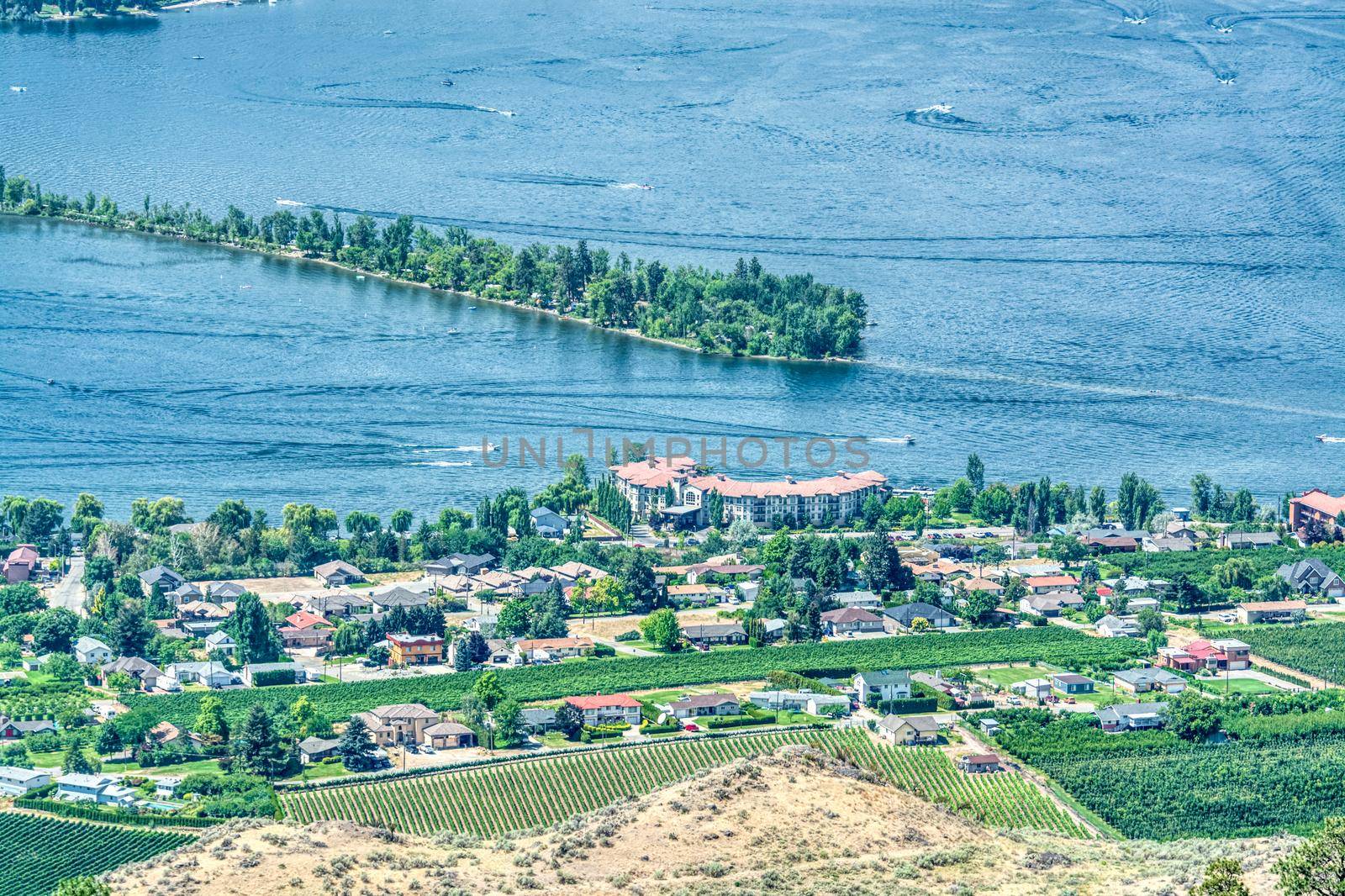 Resort area overview and residential houses on Osoyoos lake, British Columbia by Imagenet