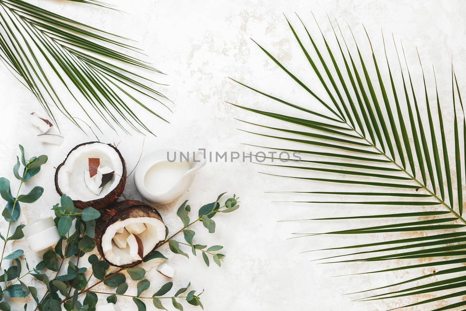 Natural and organic spa still life ingredients with fresh coconut, moisturizer cream and collection of different green leaves on rustic white surface. Top view, blank space by Slast20