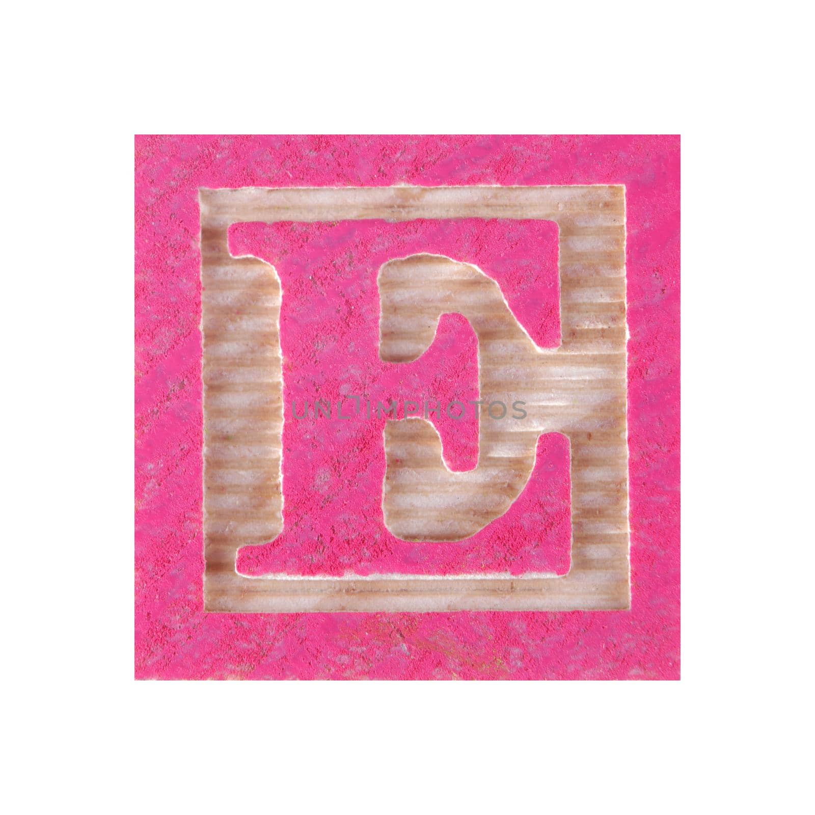 Letter E childs wooden block on white with clipping path
