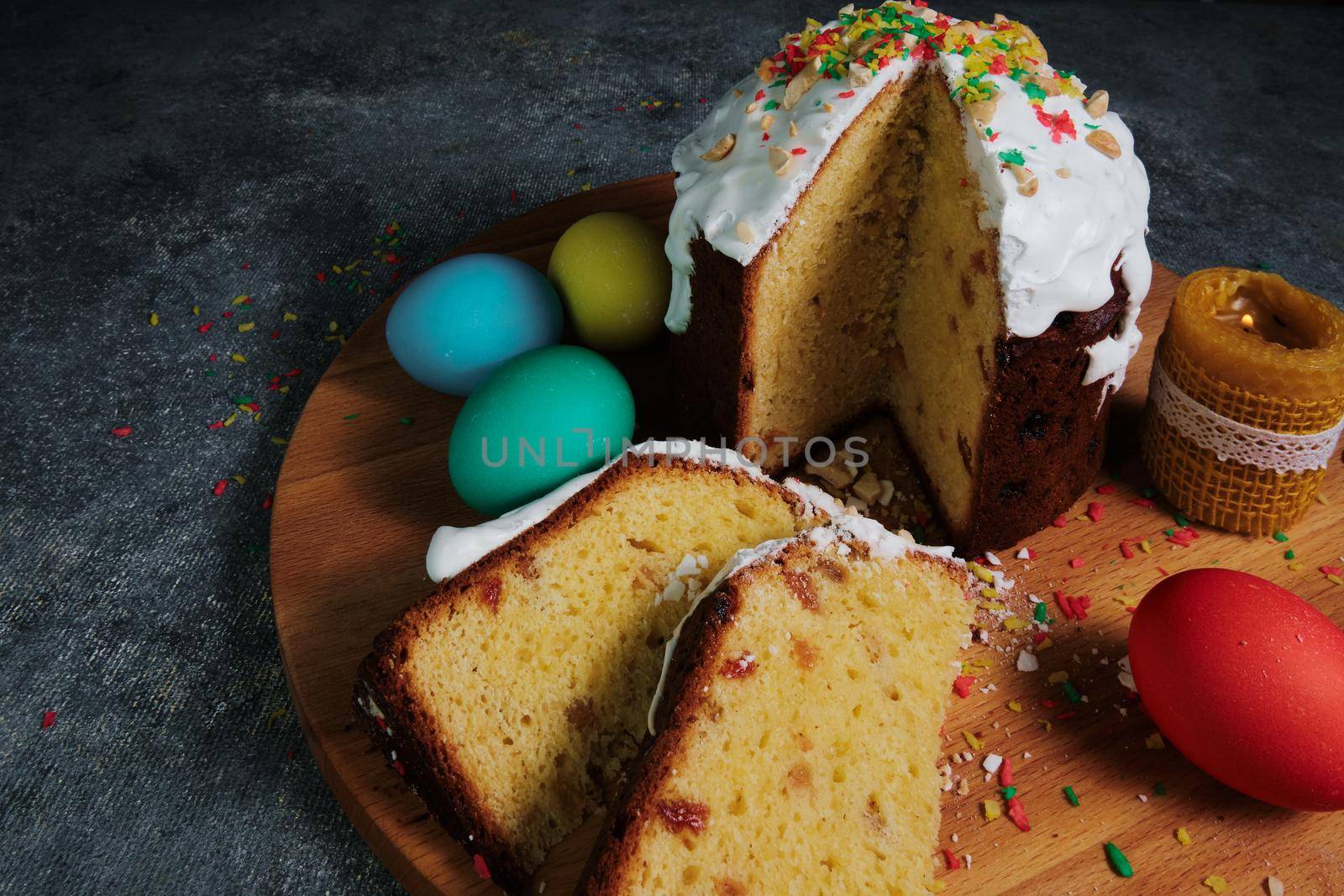 Easter cake and colorful Easter eggs.
