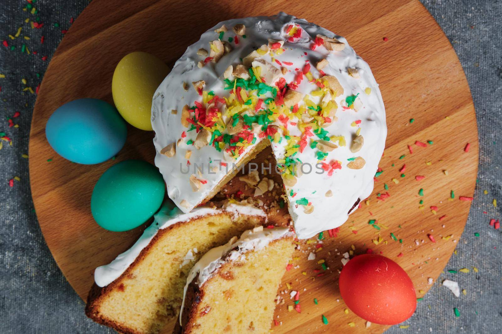 Easter cake and colorful Easter eggs.