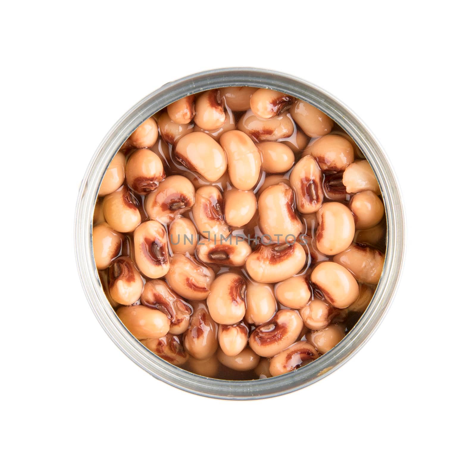 Blackeyed peas in can, isolated on white and viewed rom above.